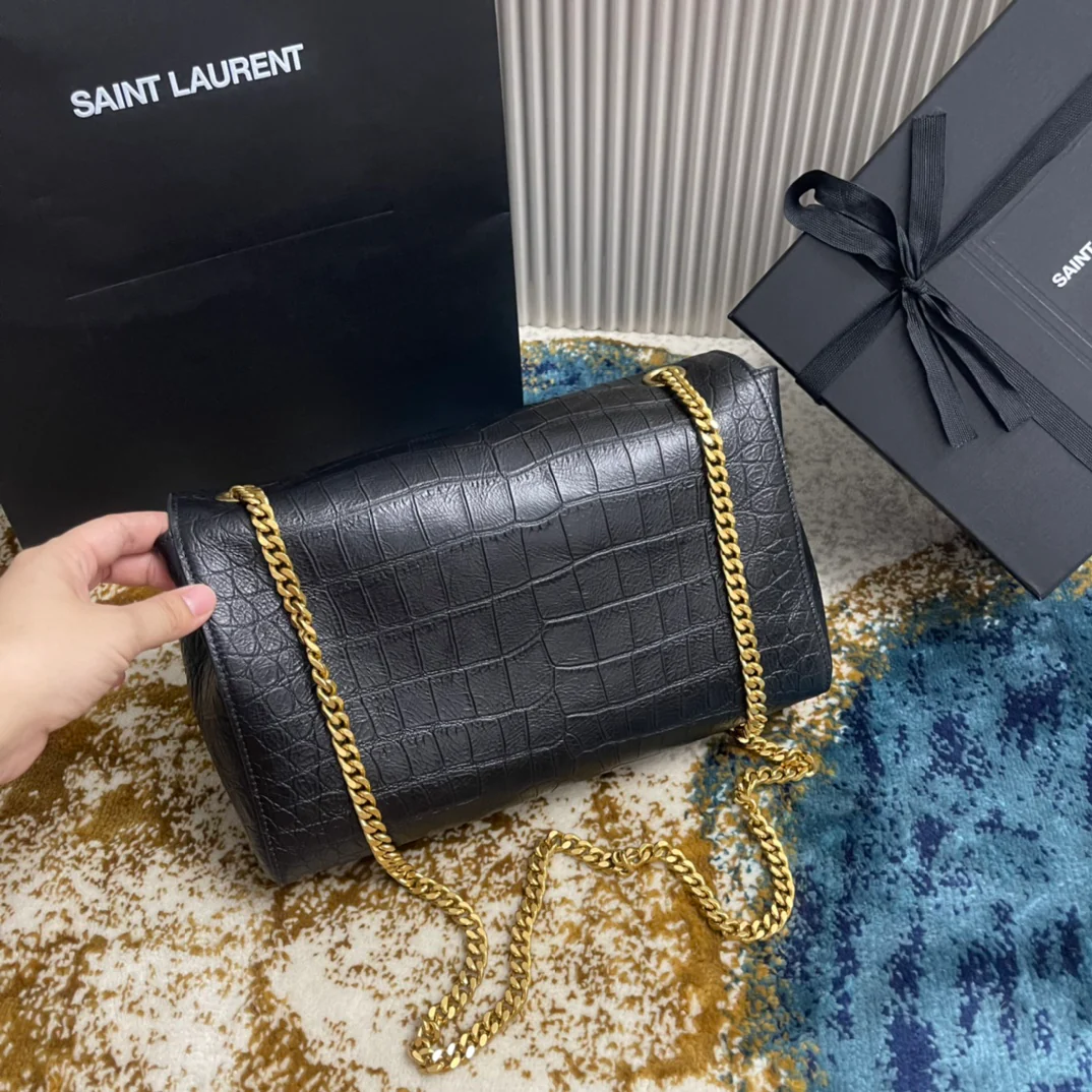 YSL-Kate Double Bread - Кожа с тиснением под крокодила - Черный - 28 см