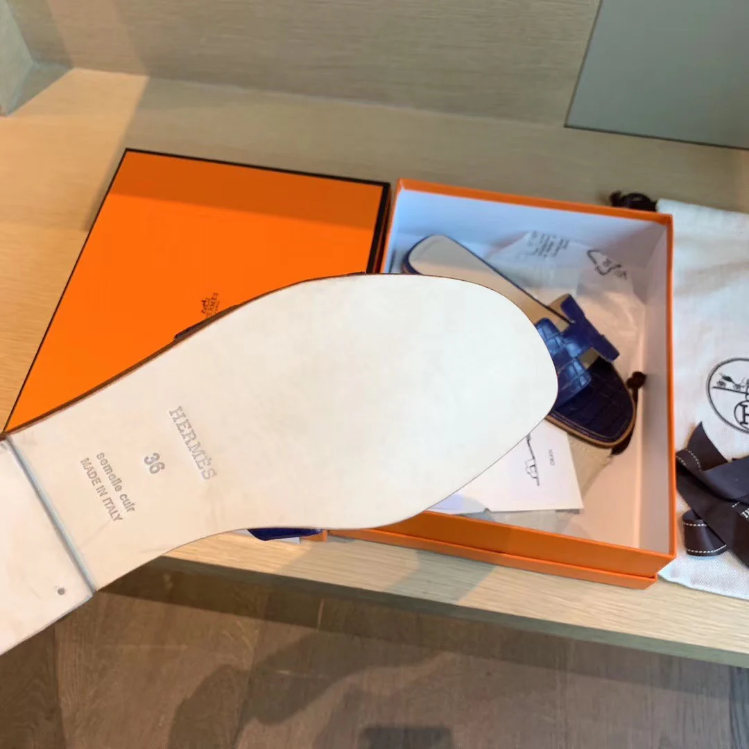 Классические тапочки Hermes с буквой H - Каменно-голубые