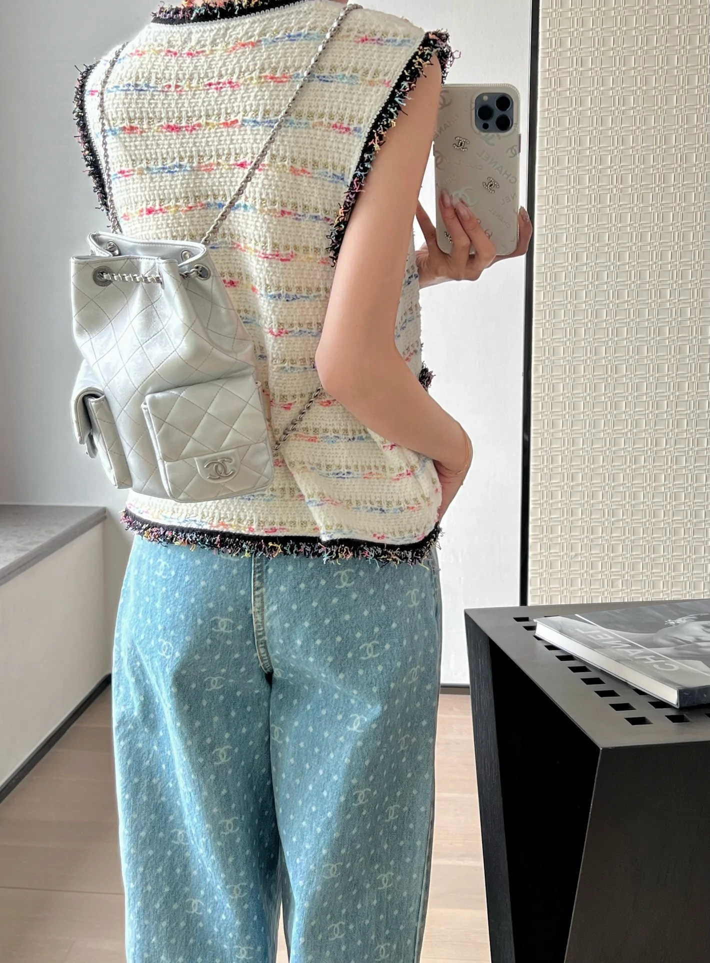 Рюкзак Chanel 25c на завязках - серебристый