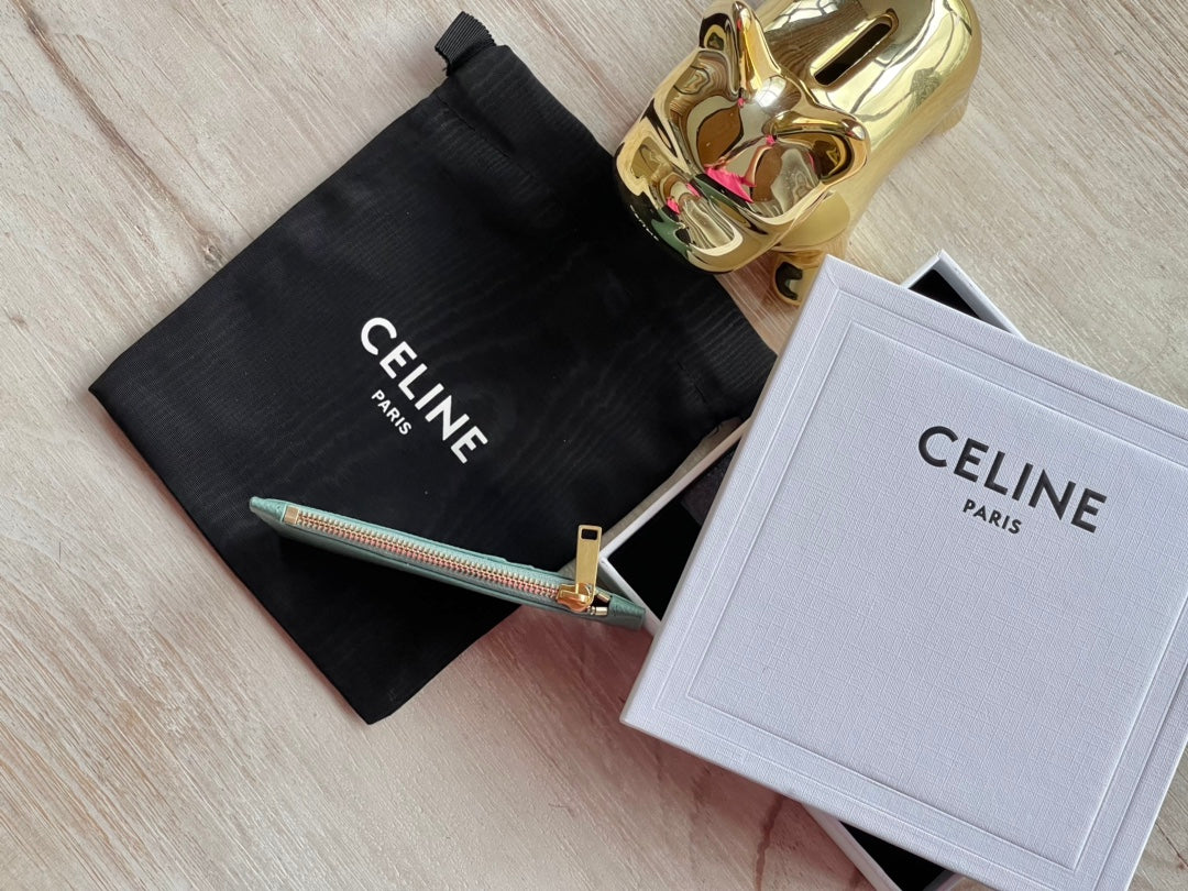 Кардхолдер Celine из зернистой телячьей кожи с застежкой-молнией - бирюзовый