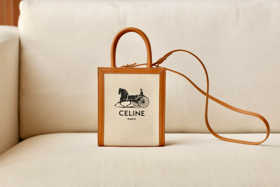 Мини-сумочка Celine Cabas Sulky с принтом из кожи вагю, вертикальная, желто-коричневая ткань.