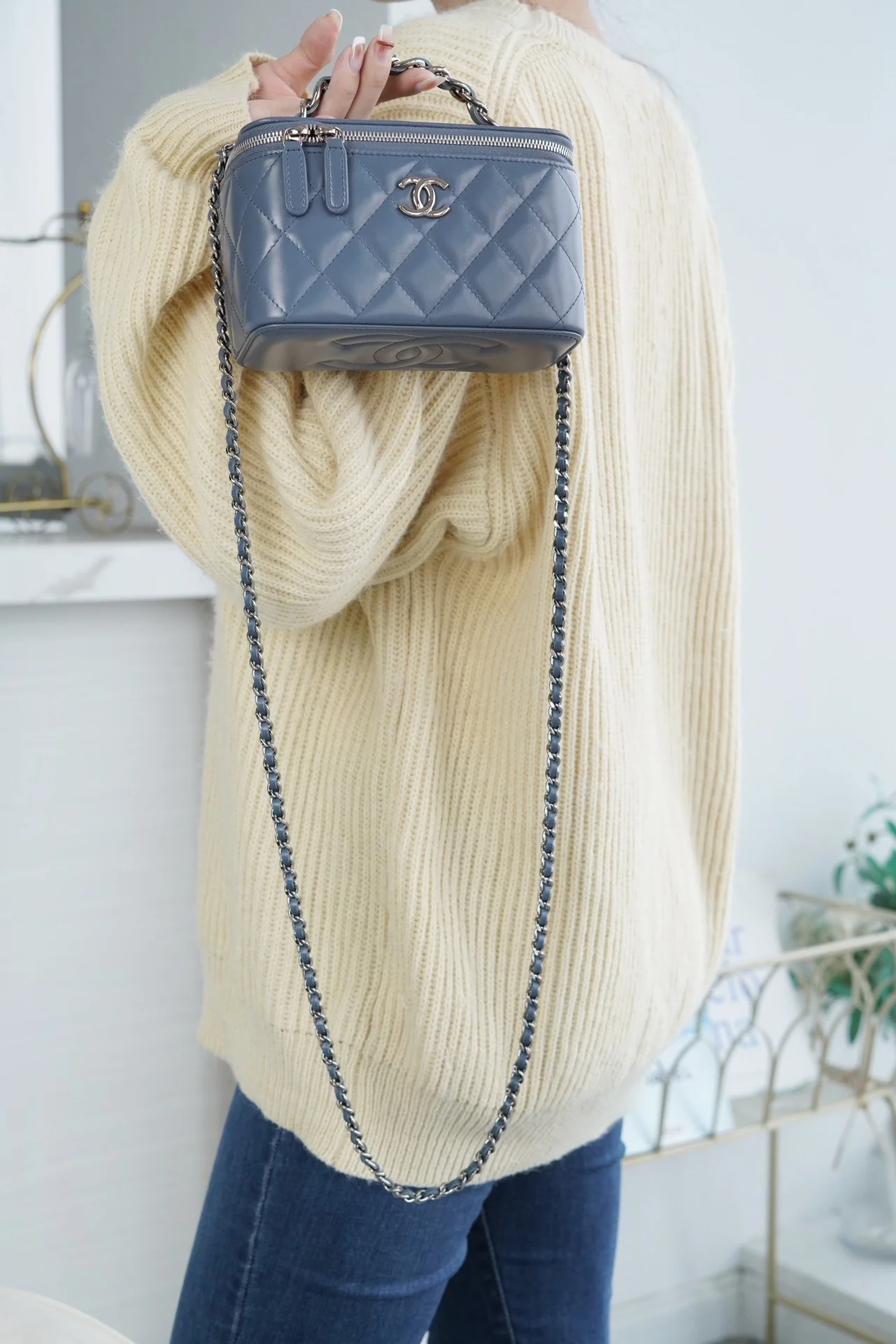 Chanel - Маленькая сумка Double C - Длинная сумка-коробочка с ручками - Пыльно-голубой