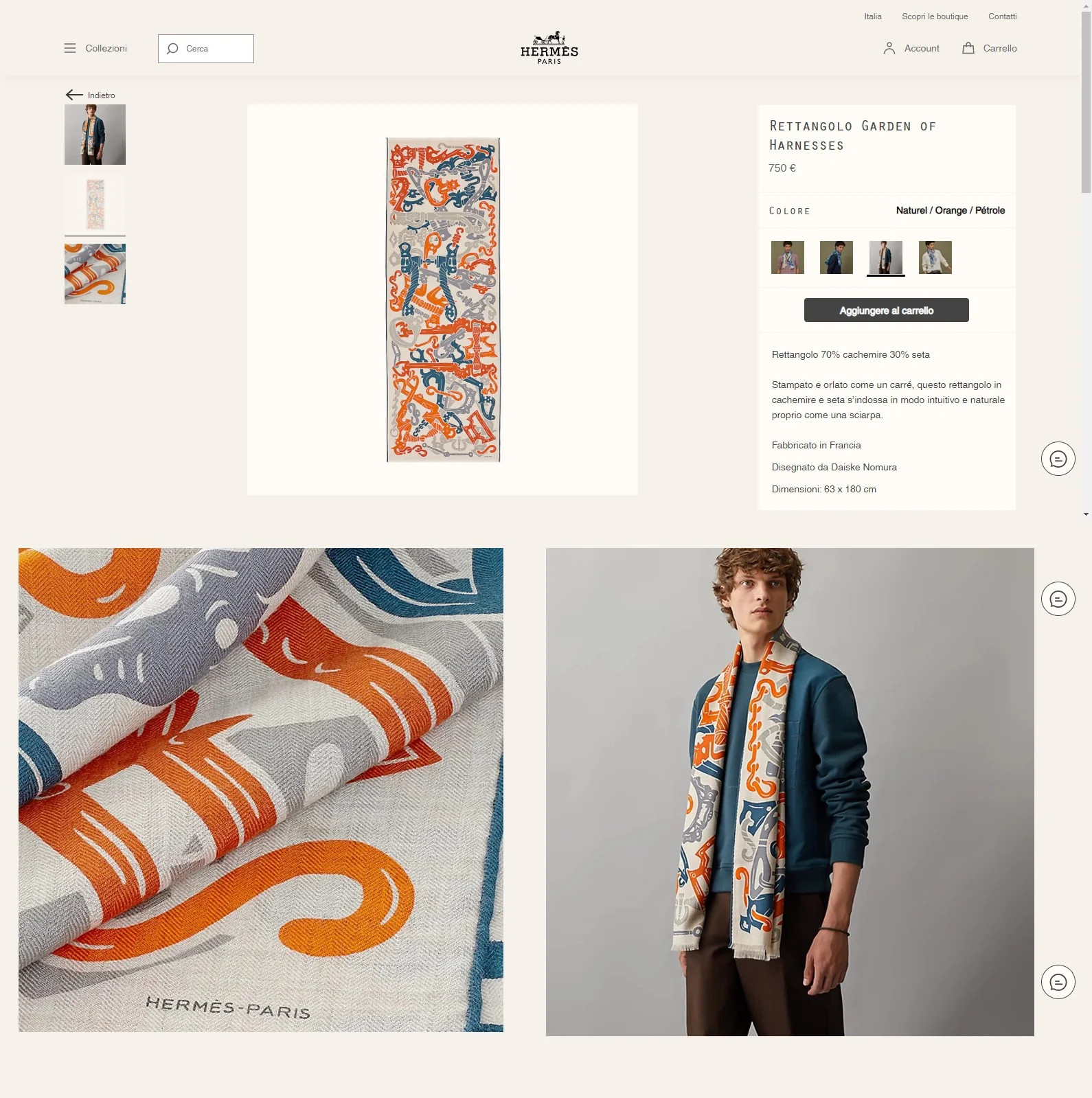 Шарф Hermes Line - 180 см - 63 см - 70 см - Кашемир - 30 см - Шелк - 1 см