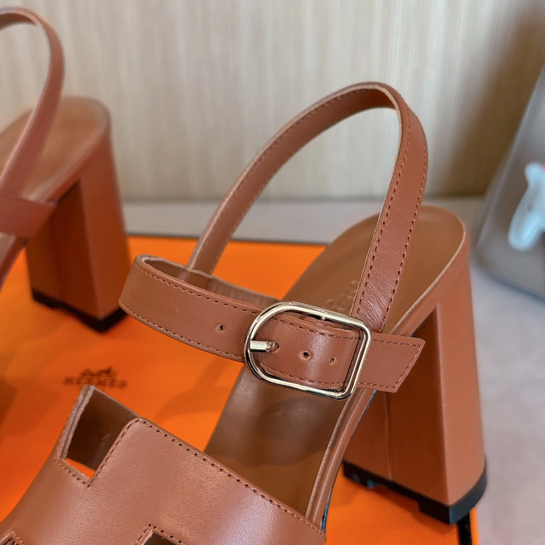 Модные сандалии Hermes 2024 из натуральной кожи - кофейно-коричневый