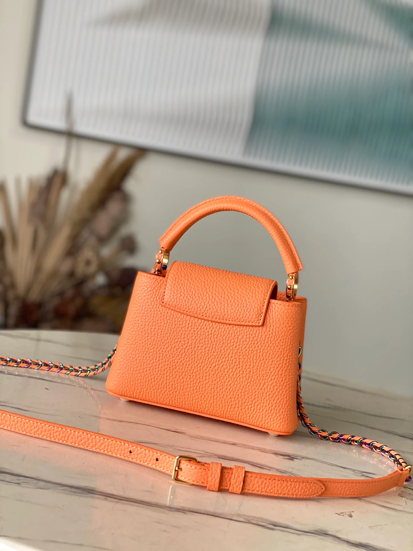 m22606-LV-Taurilon Leather-Capucines Сумка-Оранжевая пятнистая золотая пряжка-Мини