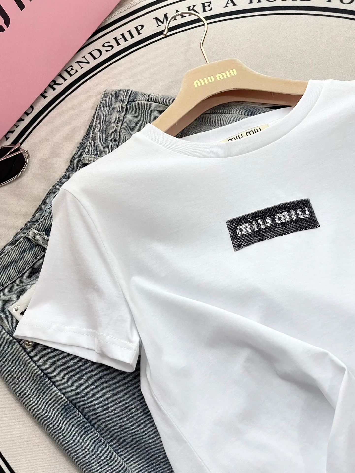 Miu Miu-2404 Однотонная трикотажная хлопковая футболка с коротким рукавом