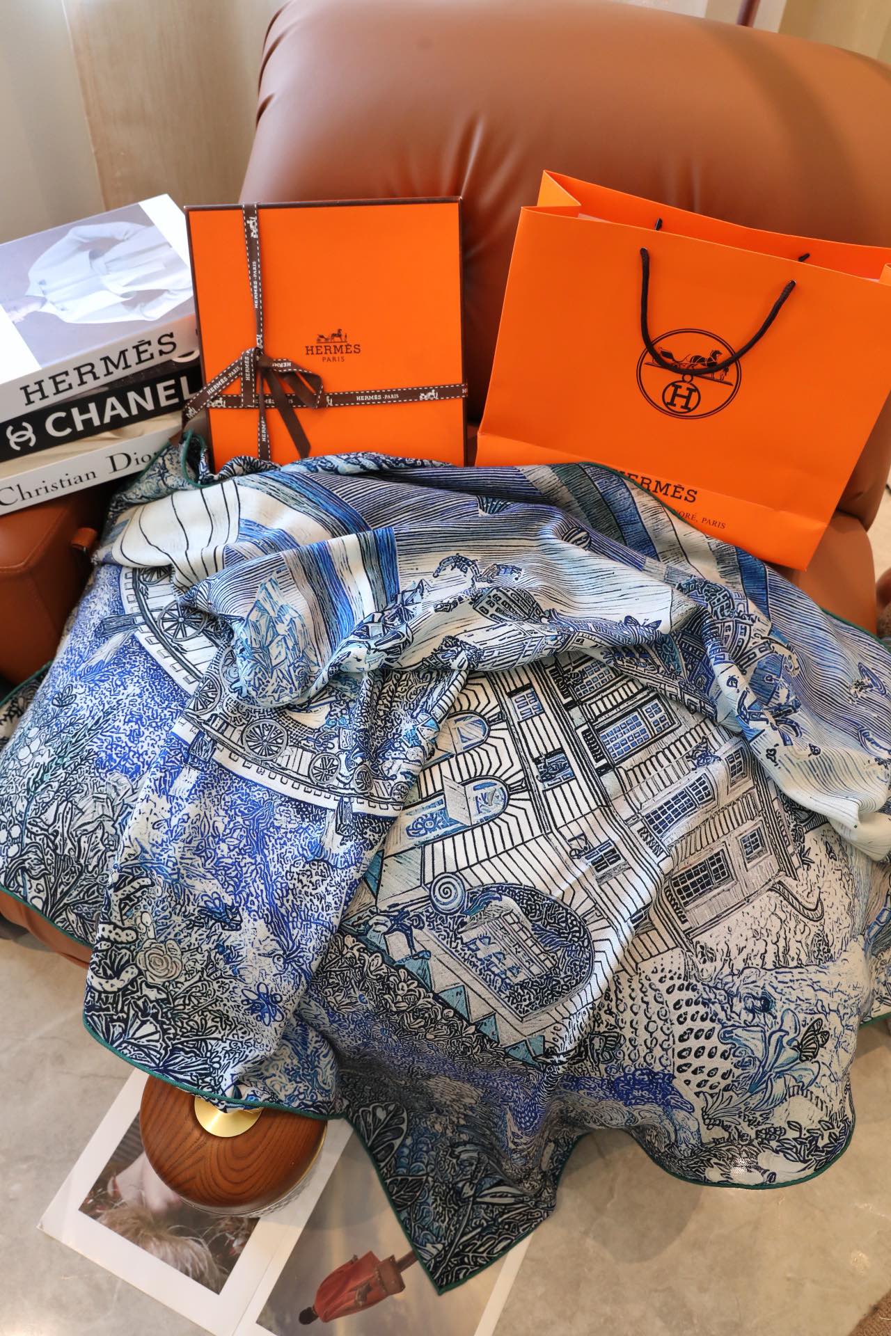 Большой шарф Hermes Dreamy Design 2024 — синий