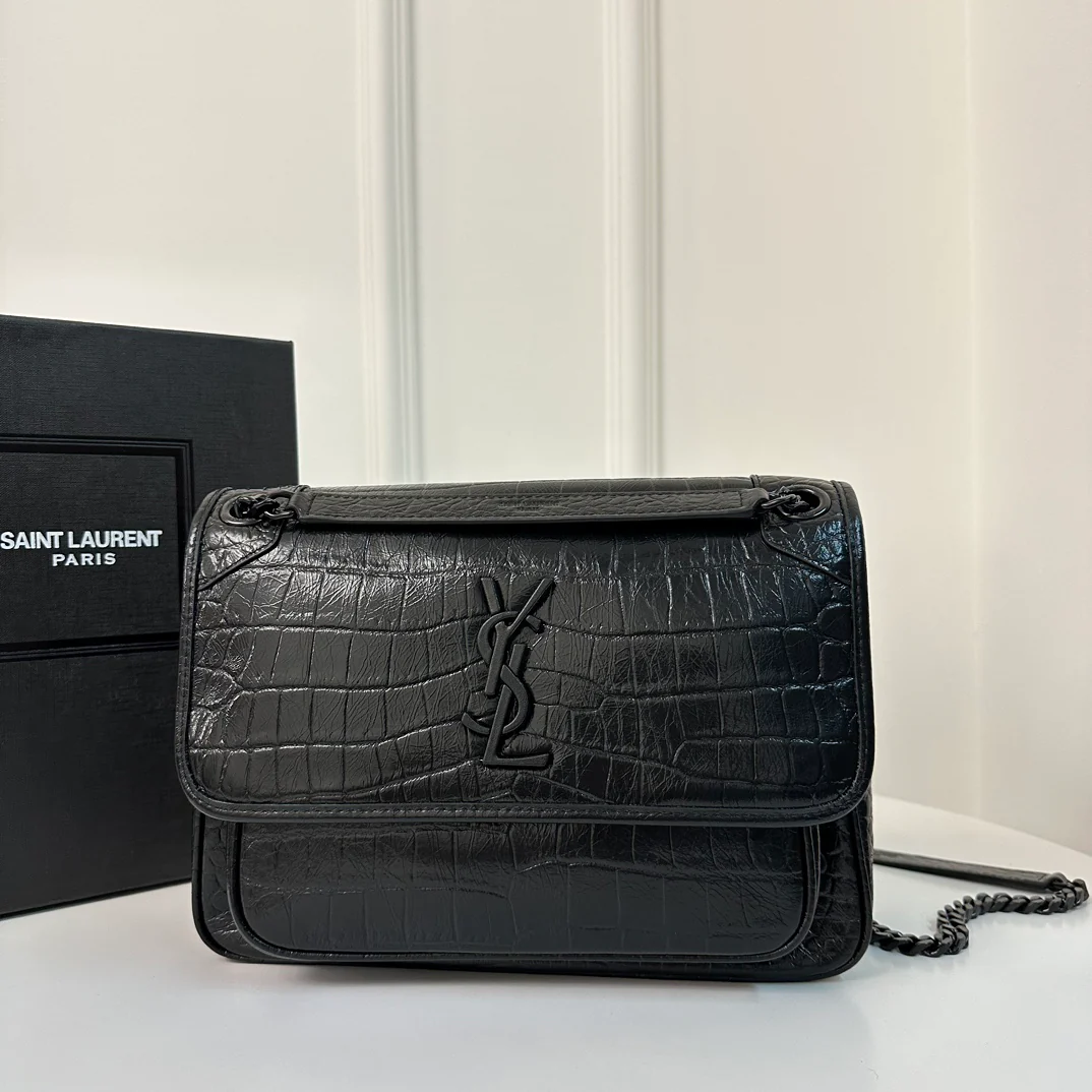 YSL Niki Baby 28 см, черная цепочка с крокодиловым принтом