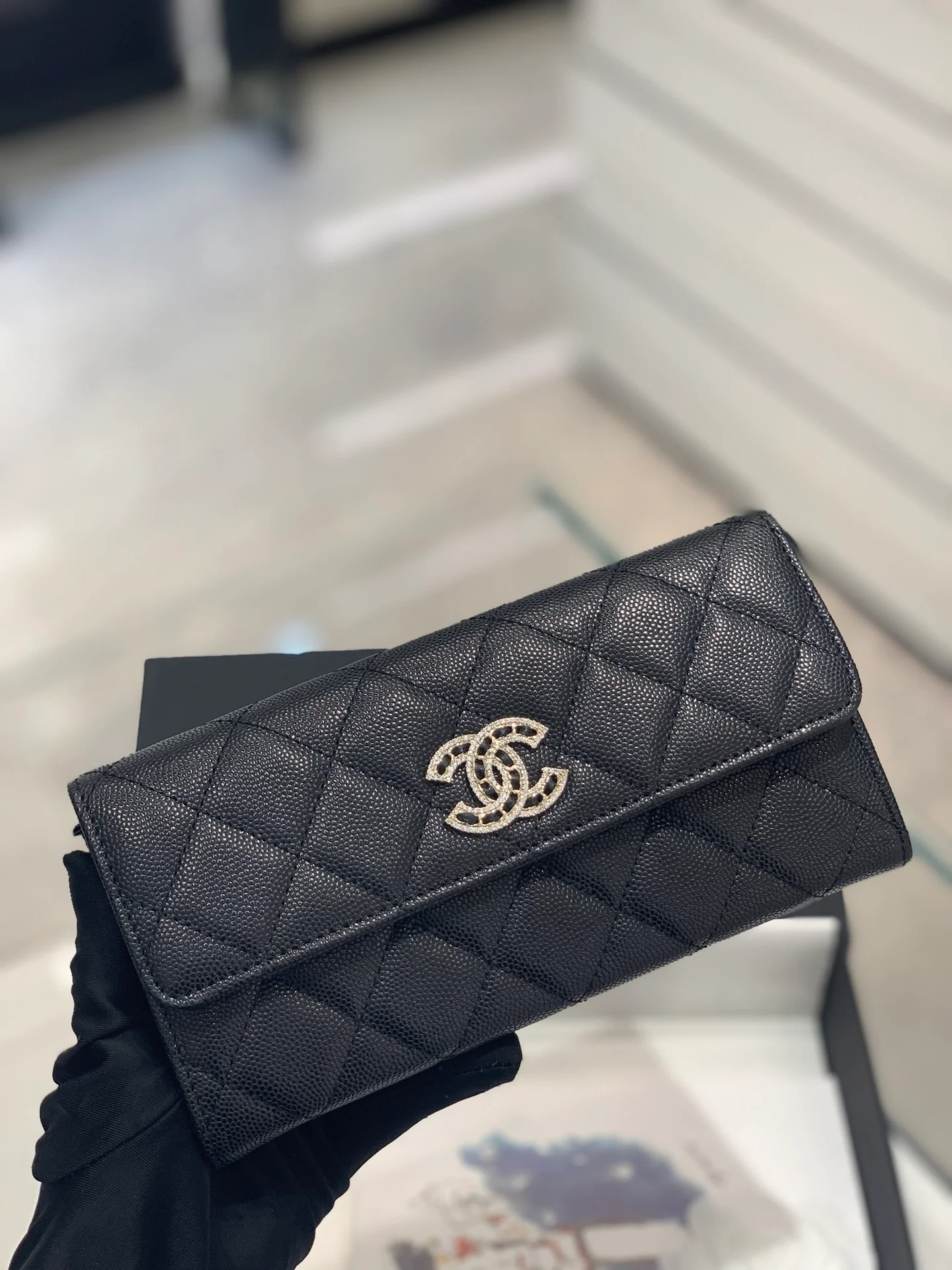 Chanel-翻盖长夹 满钻双C扣 黑色