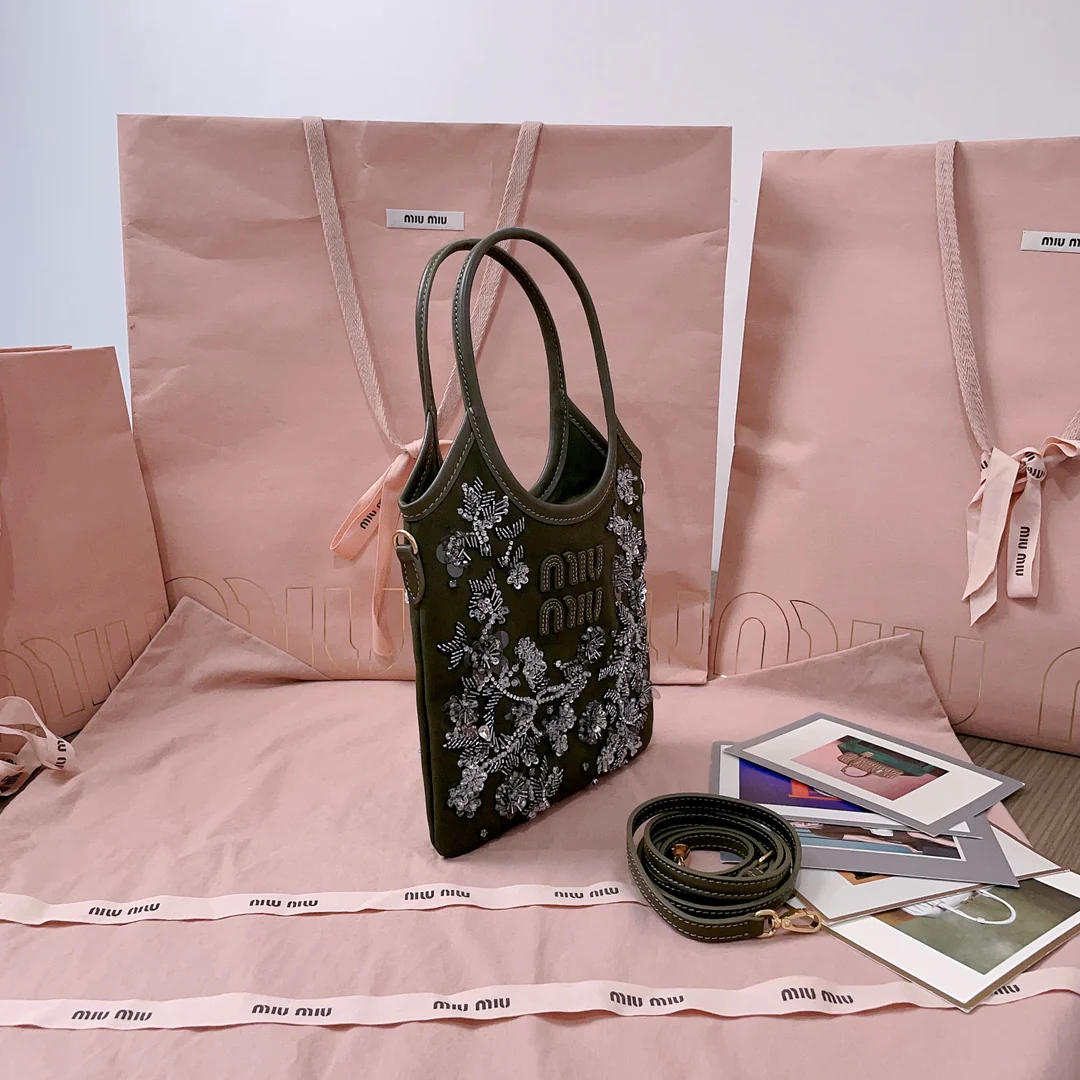 Сумка Miu Miu 5ba281 с вышивкой бисером в виде плюща - черная