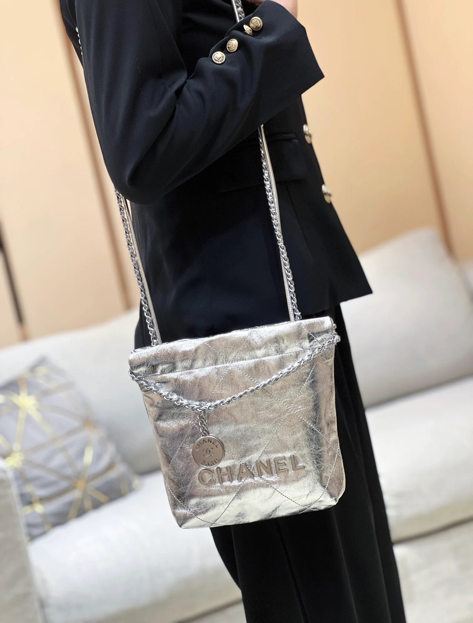 Chanel 25c 22bag mini metallic leather silver