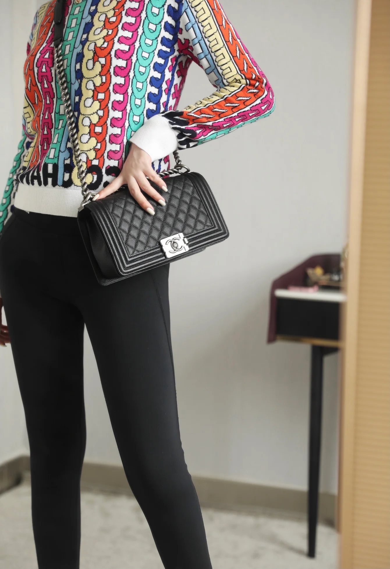 Chanel Le Boy Crystal Diamond Pattern Caviar - Medium - Black Silver