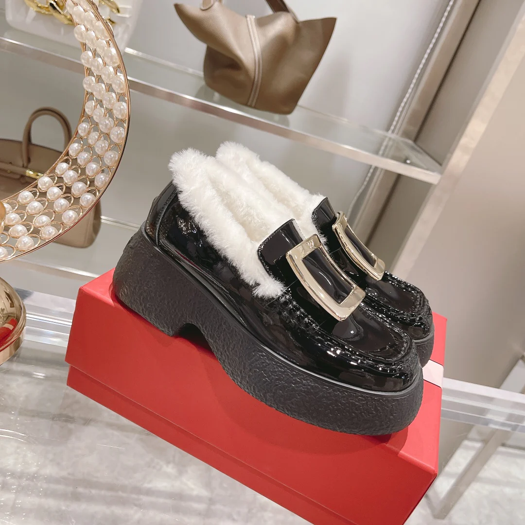 Новые флисовые лоферы на толстой подошве с квадратными пуговицами, осенне-зимняя коллекция RV.