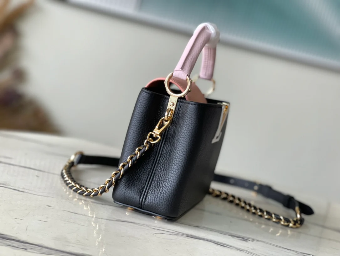 m21887-LV-Taurilon Leather-Capucines Сумка-Черный/Розовый-Мини