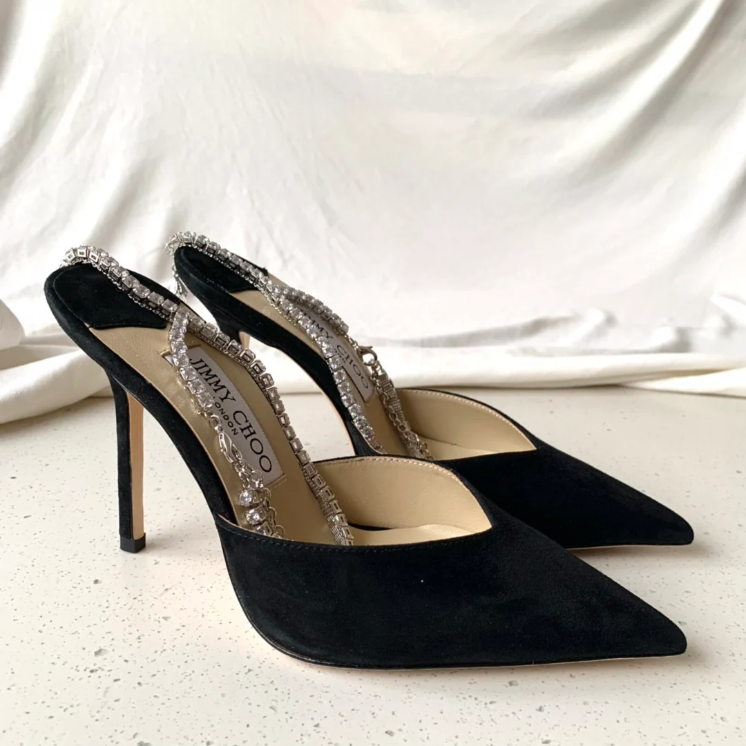 Босоножки на высоком каблуке Jimmy с цепочкой на щиколотке и стразами - Тканевые - Черные