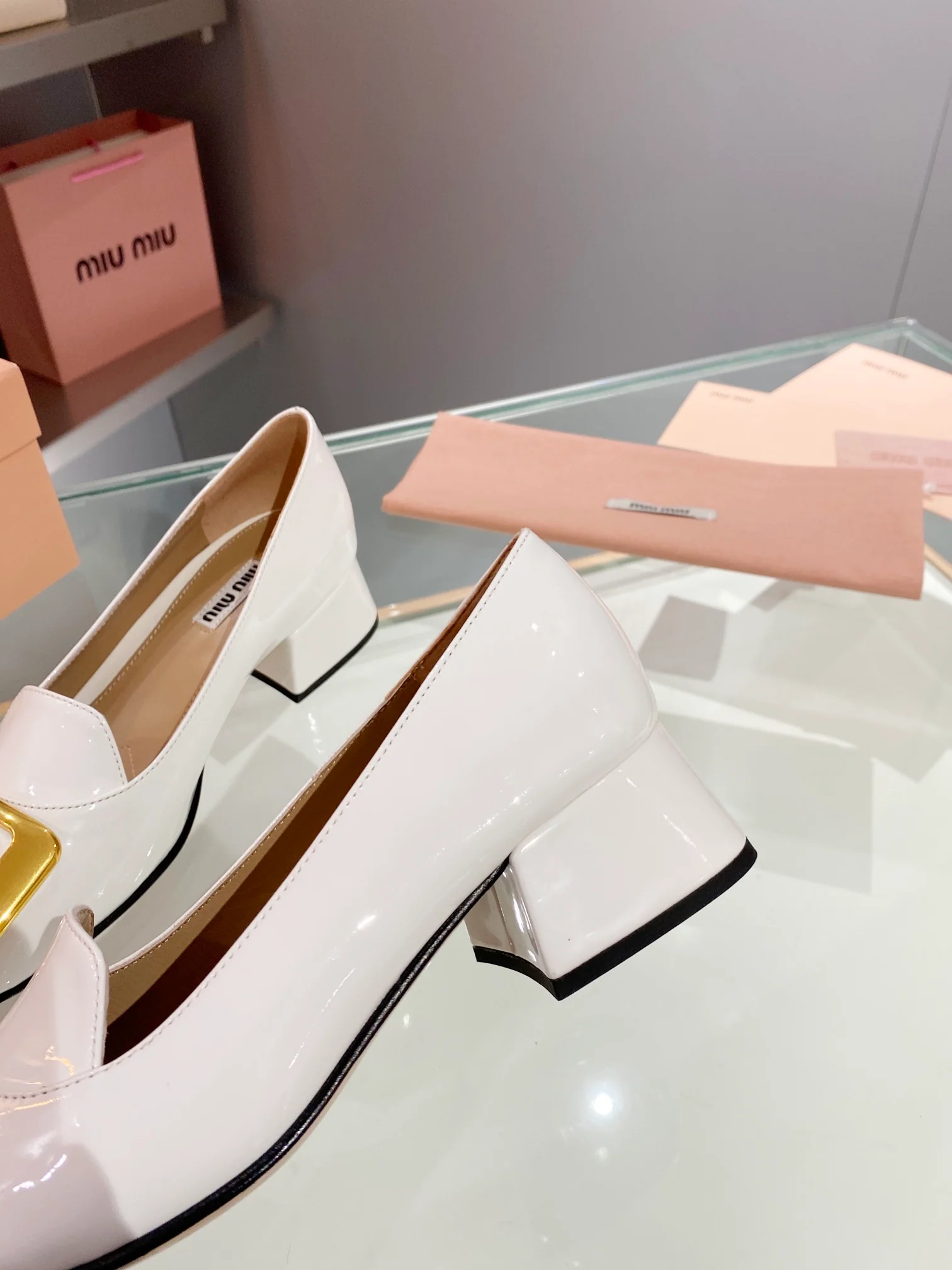 Новинка весны 2023 года от Miu Miu - Туфли на массивном каблуке с закрытым носком - Белые