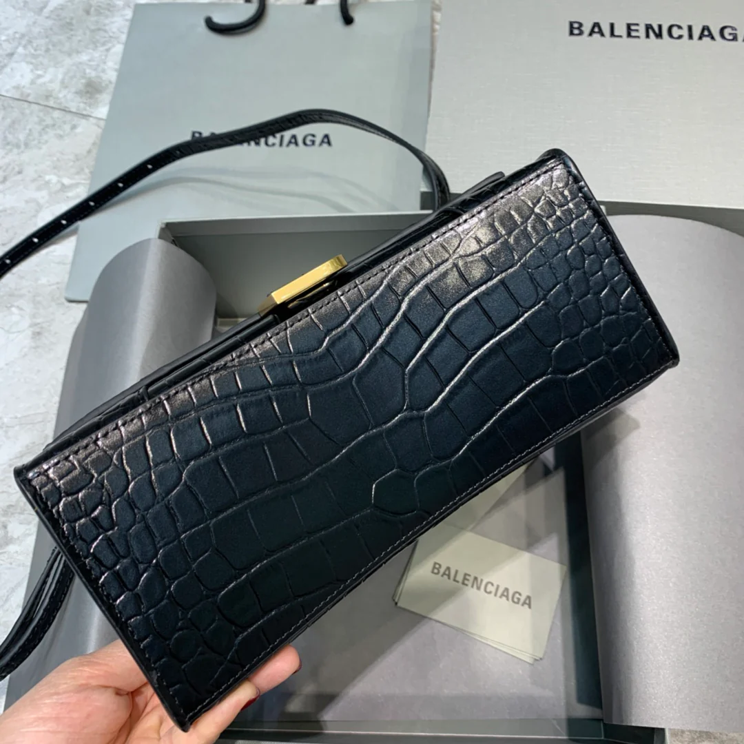 Сумка Balenciaga Hourglass - Черная с крокодиловым рисунком - Золотая фурнитура