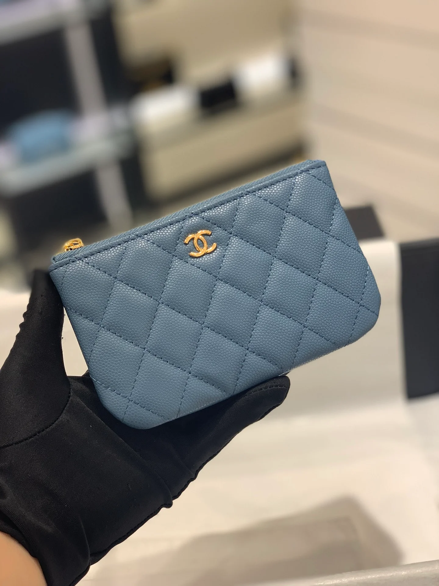 Chanel-19系列 经典皮革拉链零钱包 蓝色