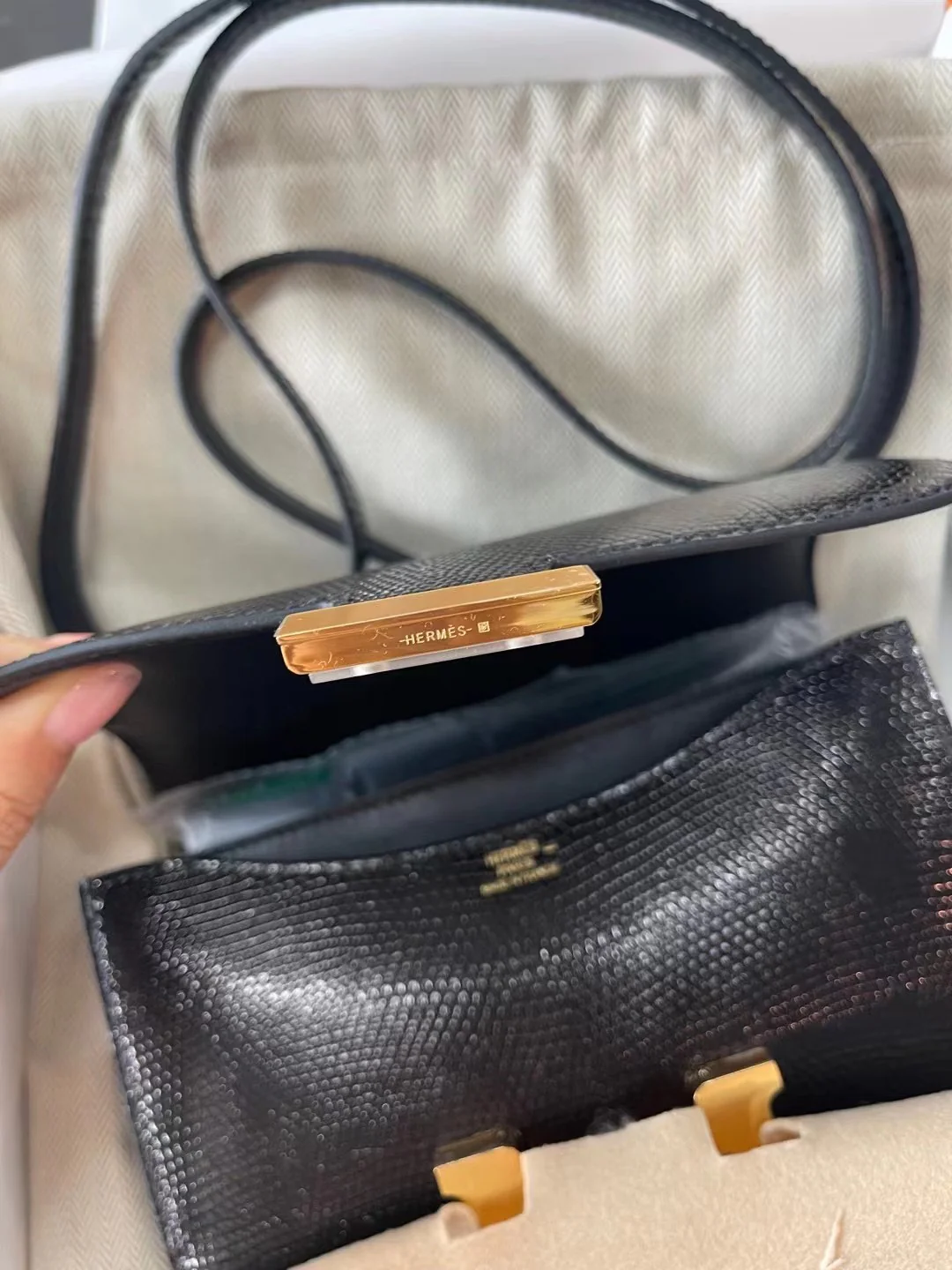 Hermes Constance 19 Миниатюрная пряжка из кожи ящерицы, черная с золотом