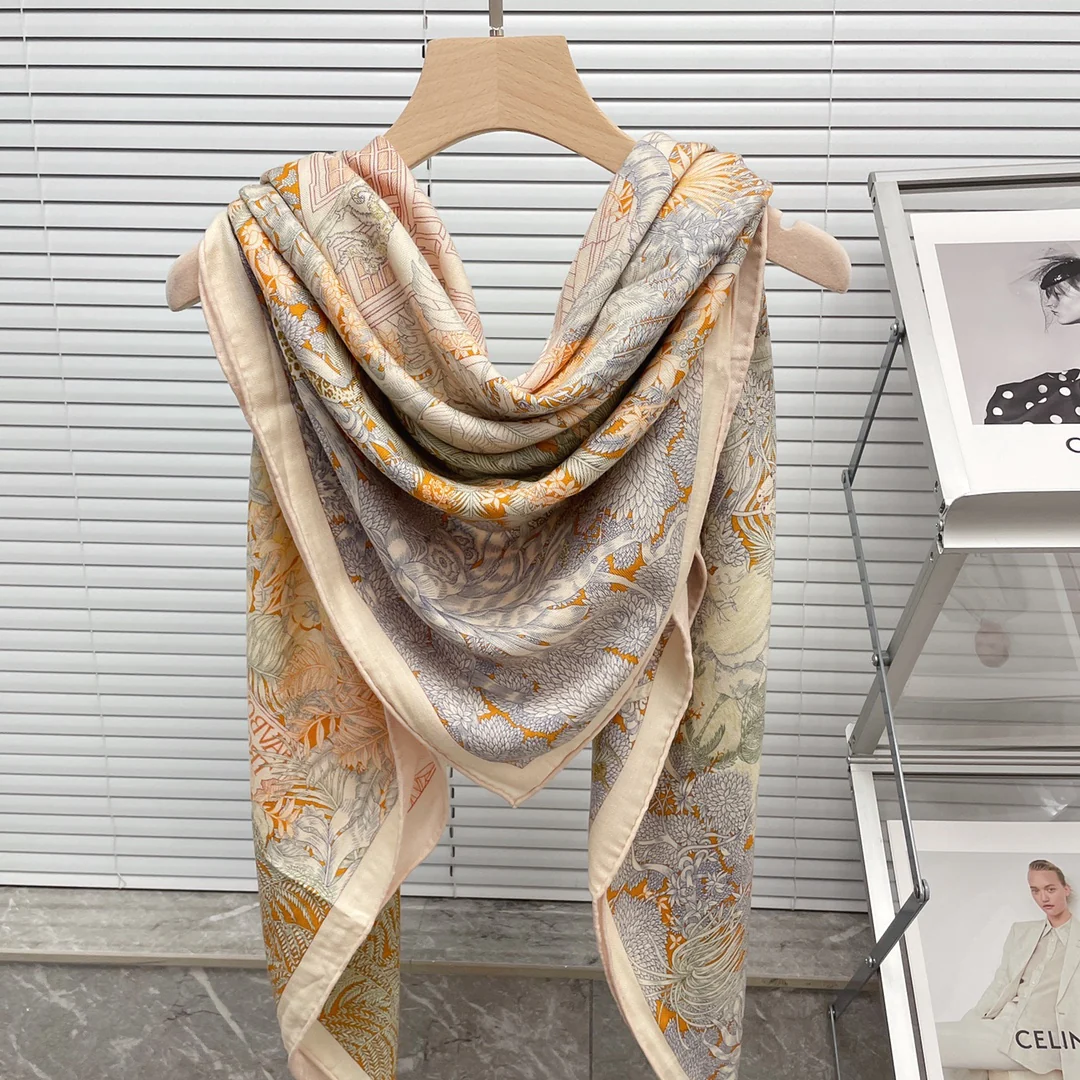 Большой двусторонний шарф Hermes - 140 см - 30 - Шелк 70 - Шерсть - 3