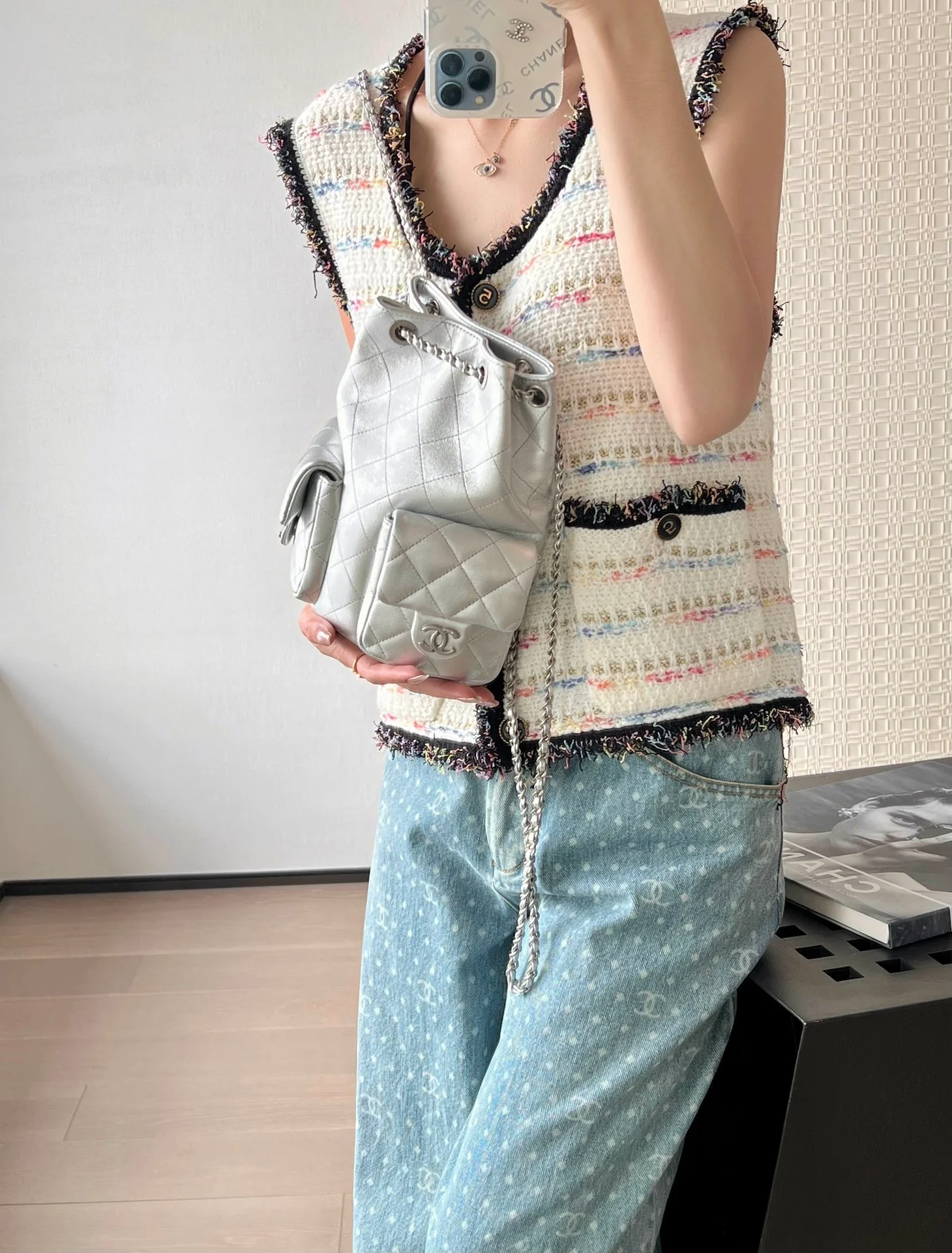 Рюкзак Chanel 25c на завязках - серебристый