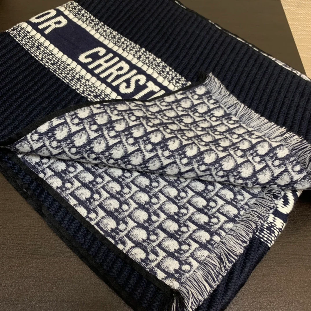 Двусторонний шарф Dior Oblique с принтом — смесь шерсти и шелка — черный