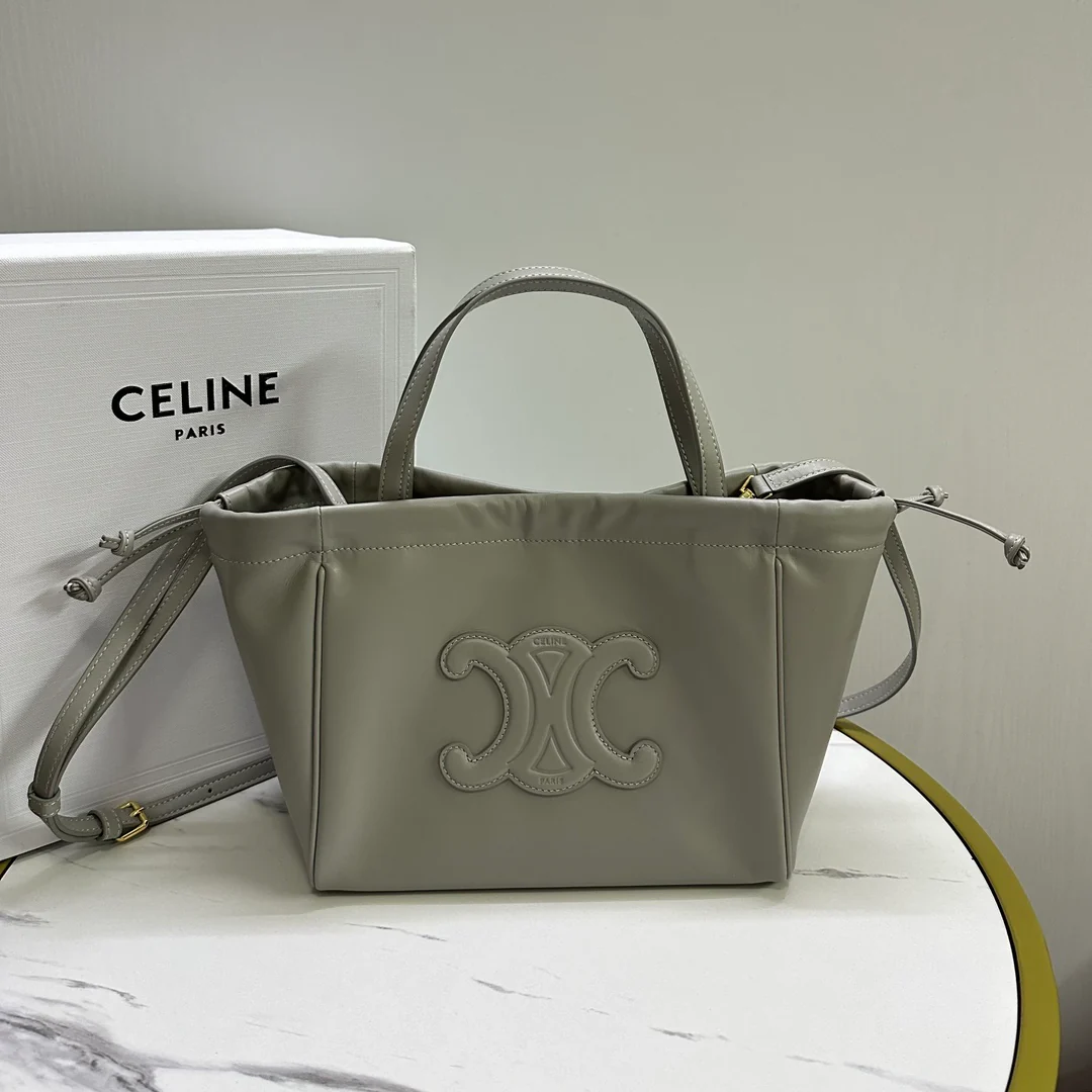 Сумка Celine Cabas Triomphe из гладкой кожи с завязками — серая — маленькая