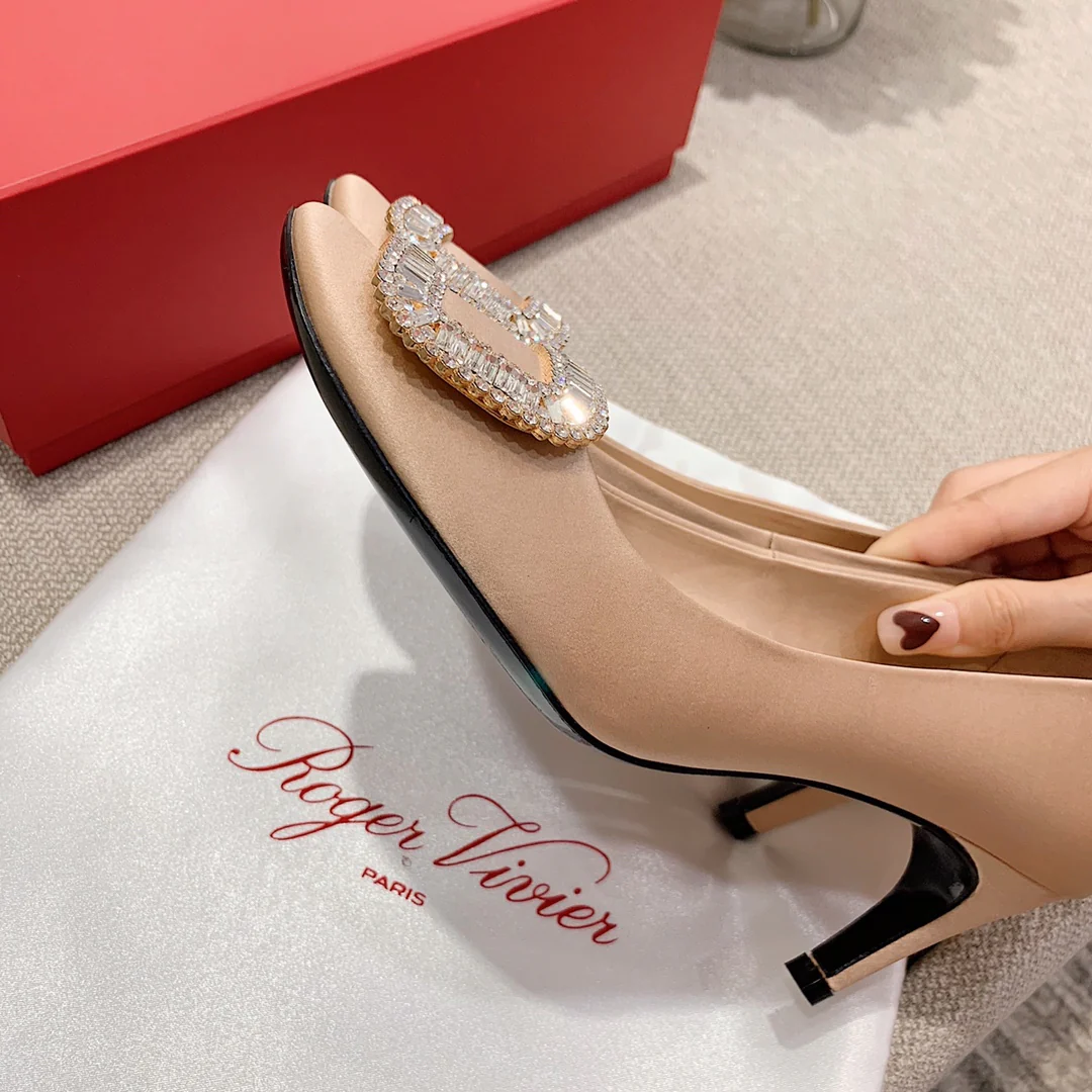 Каблук-банан RV-7-5 см - Шелковая пряжка со стразами - Розовый абрикосовый