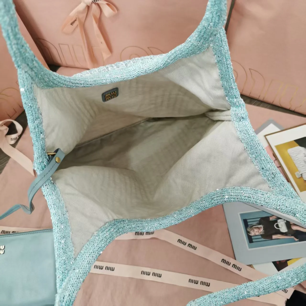 Сумка Miu Miu 5bg231 Ivy с пайетками и сетчатой ??отделкой - сине-зеленая.