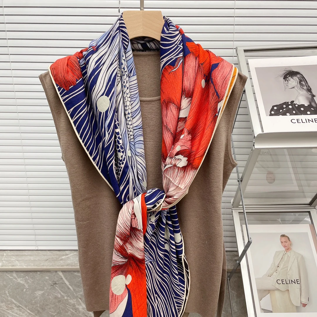 Большой двусторонний шарф Hermes - 136 см - 30 - Шелк 70 - Шерсть - 9