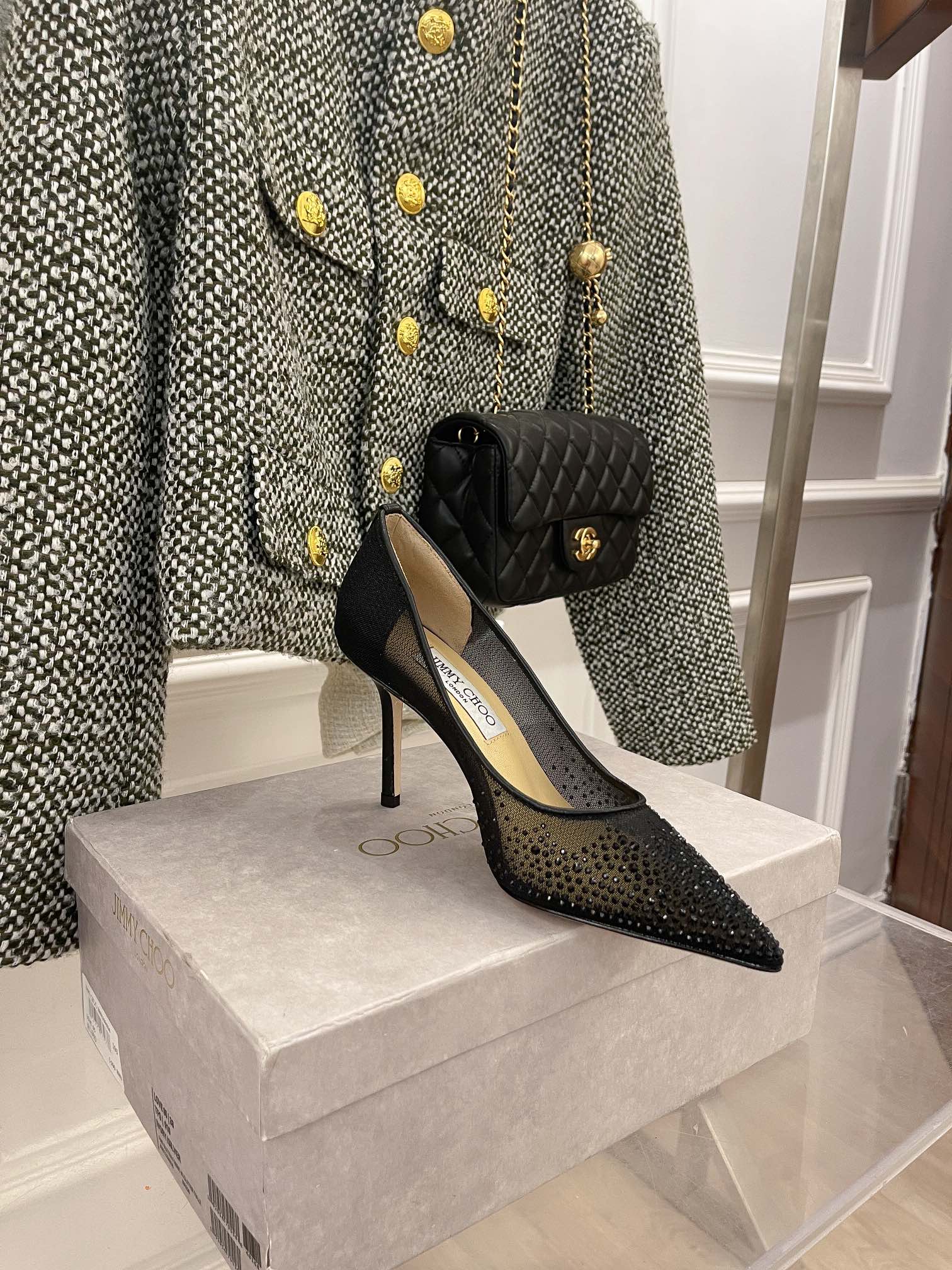 Jimmy - Туфли на высоком каблуке с сетчатой ??отделкой и стразами - Черные