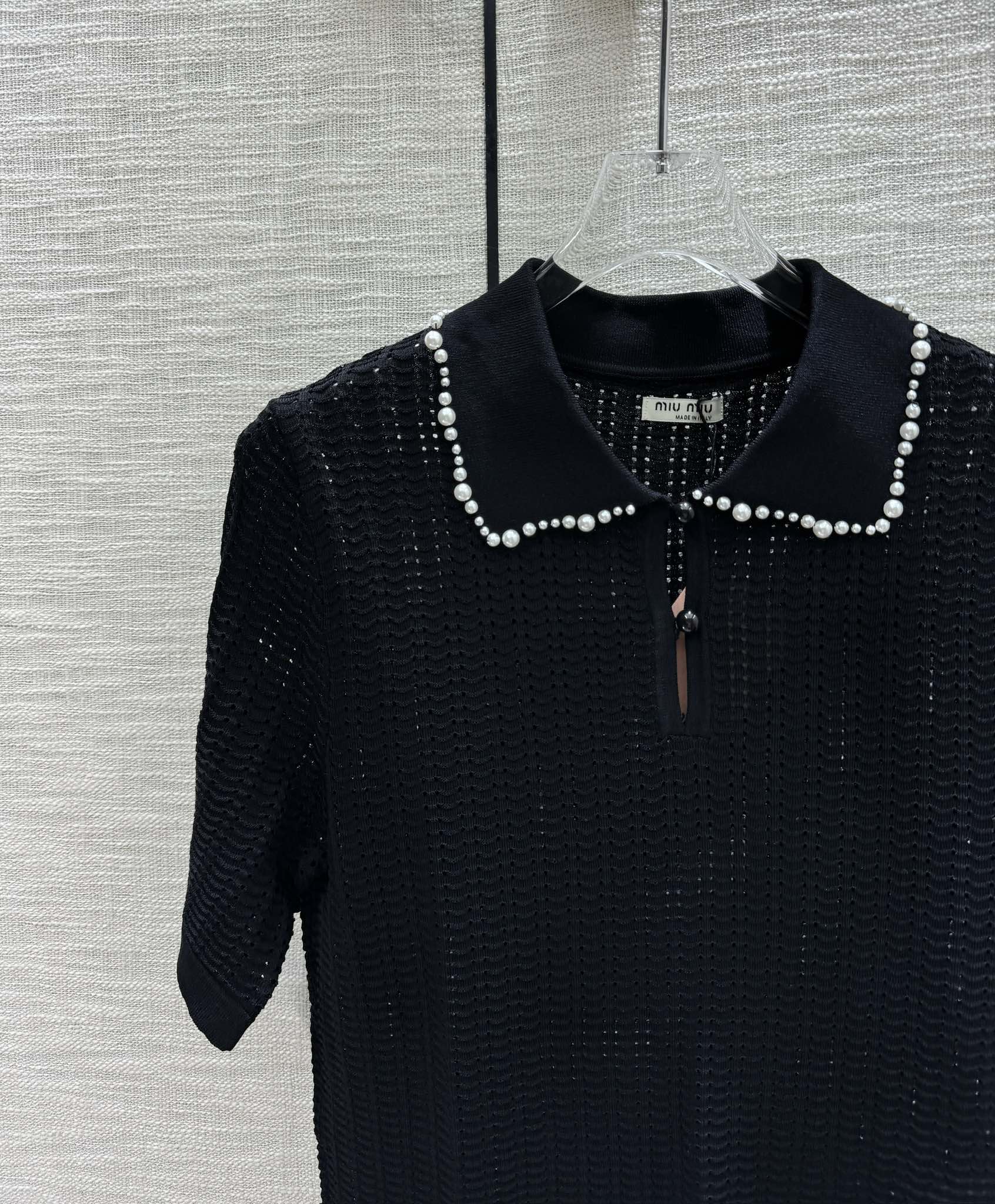 Miu Miu - 2404 - Трикотажная футболка с коротким рукавом и французским воротником-поло - Черная