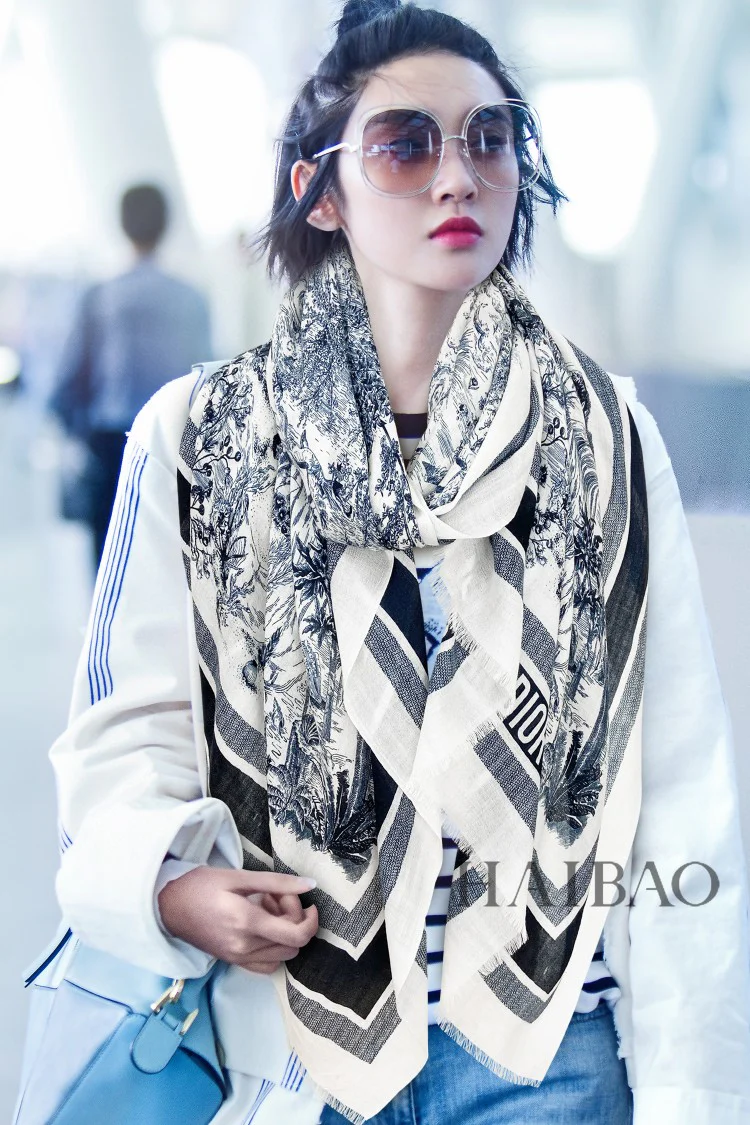 Шарф Dior Tropical Forest - 110-200 см - 100% кашемир - синий