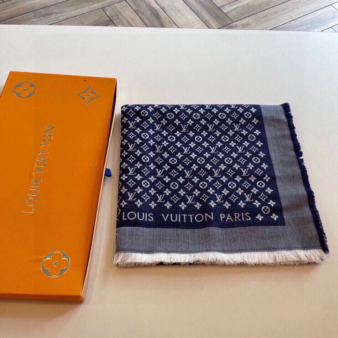 Жаккардовый шарф с логотипом LV - 120 см - 50% шерсть - 50% шелк - синий