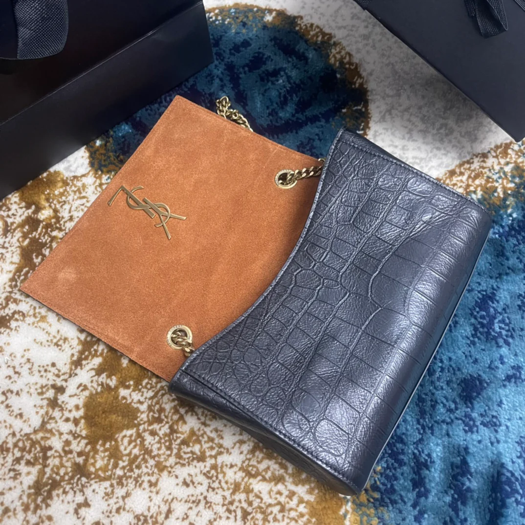 YSL-Kate Double Bread - Кожа с тиснением под крокодила - Черный - 22 см