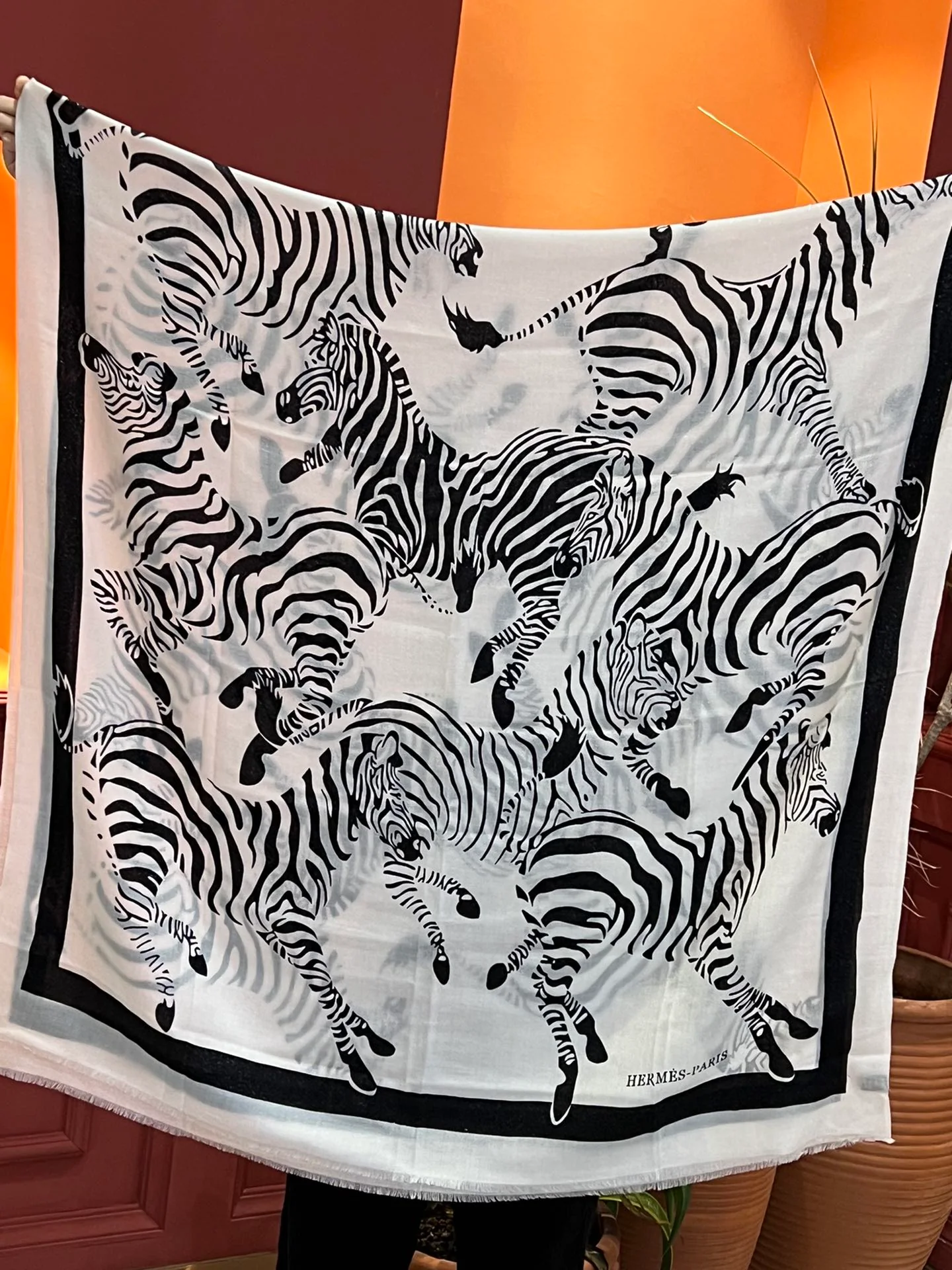 Длинный церемониальный шарф Hermes с изображением лошади — 100-200 см — Кашемировый принт — Белый