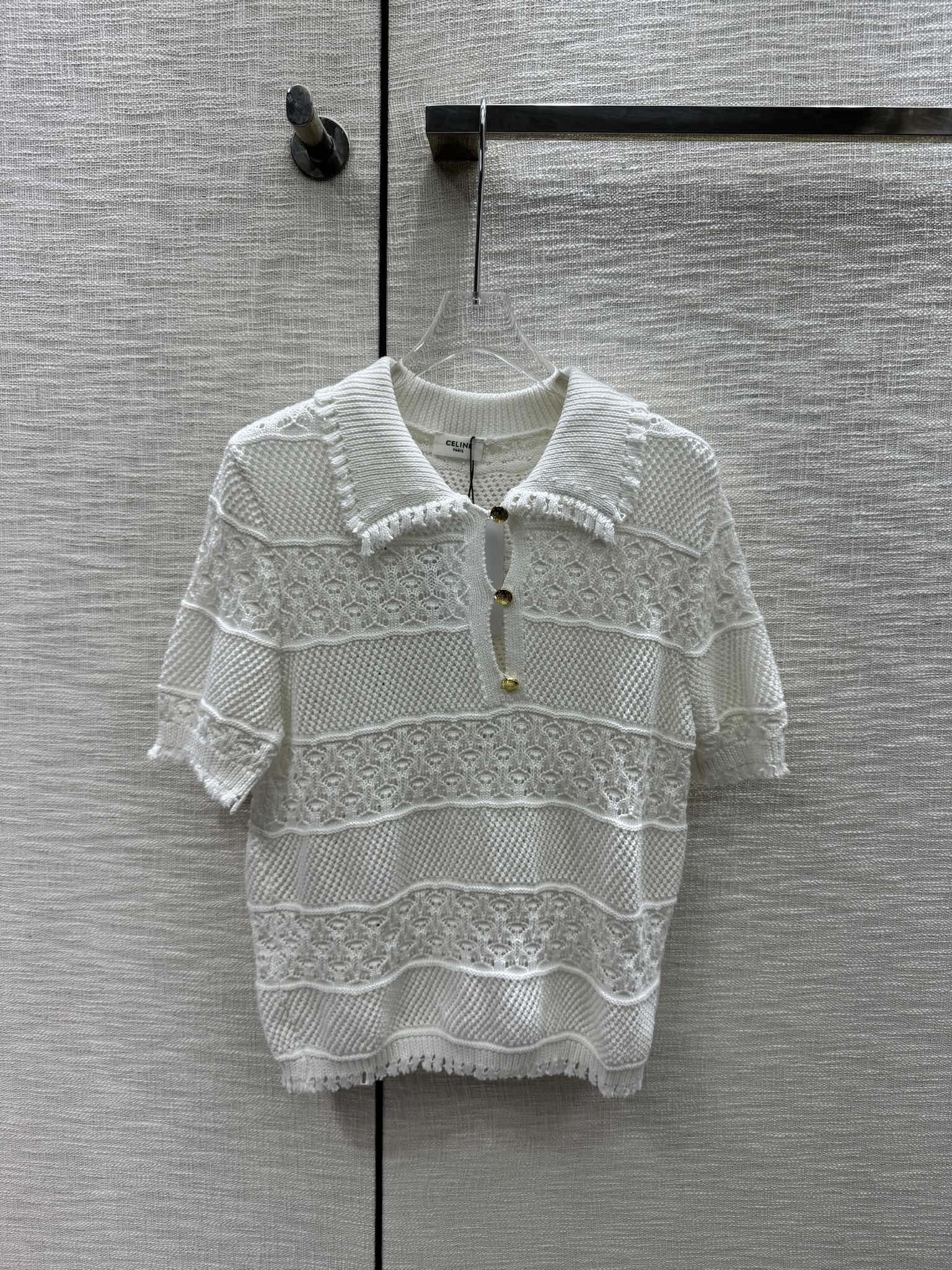 Celine-2404 - Ажурный вязаный поло с коротким рукавом, белый