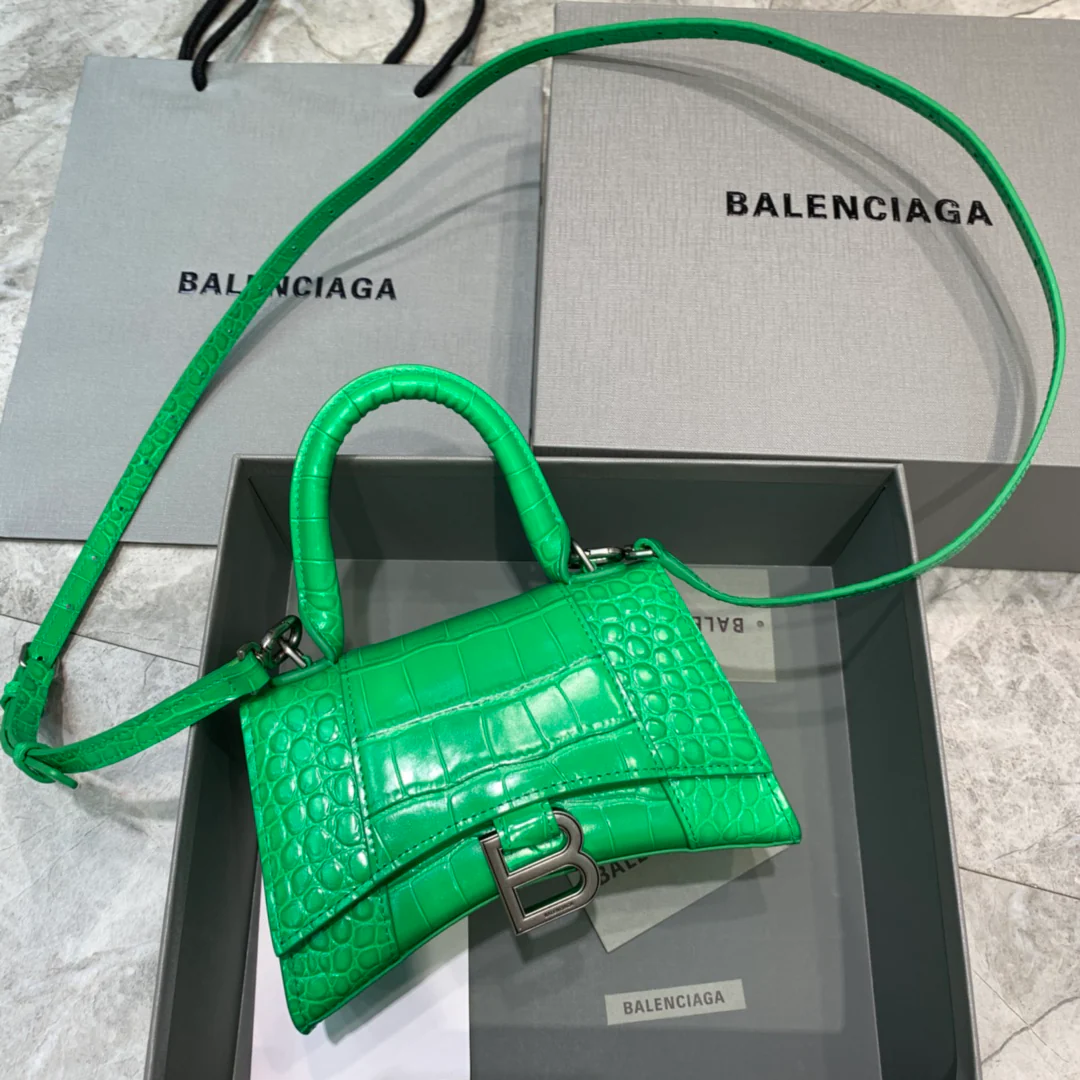 Сумка Balenciaga Hourglass, размер XS, зелёный с крокодиловым принтом.