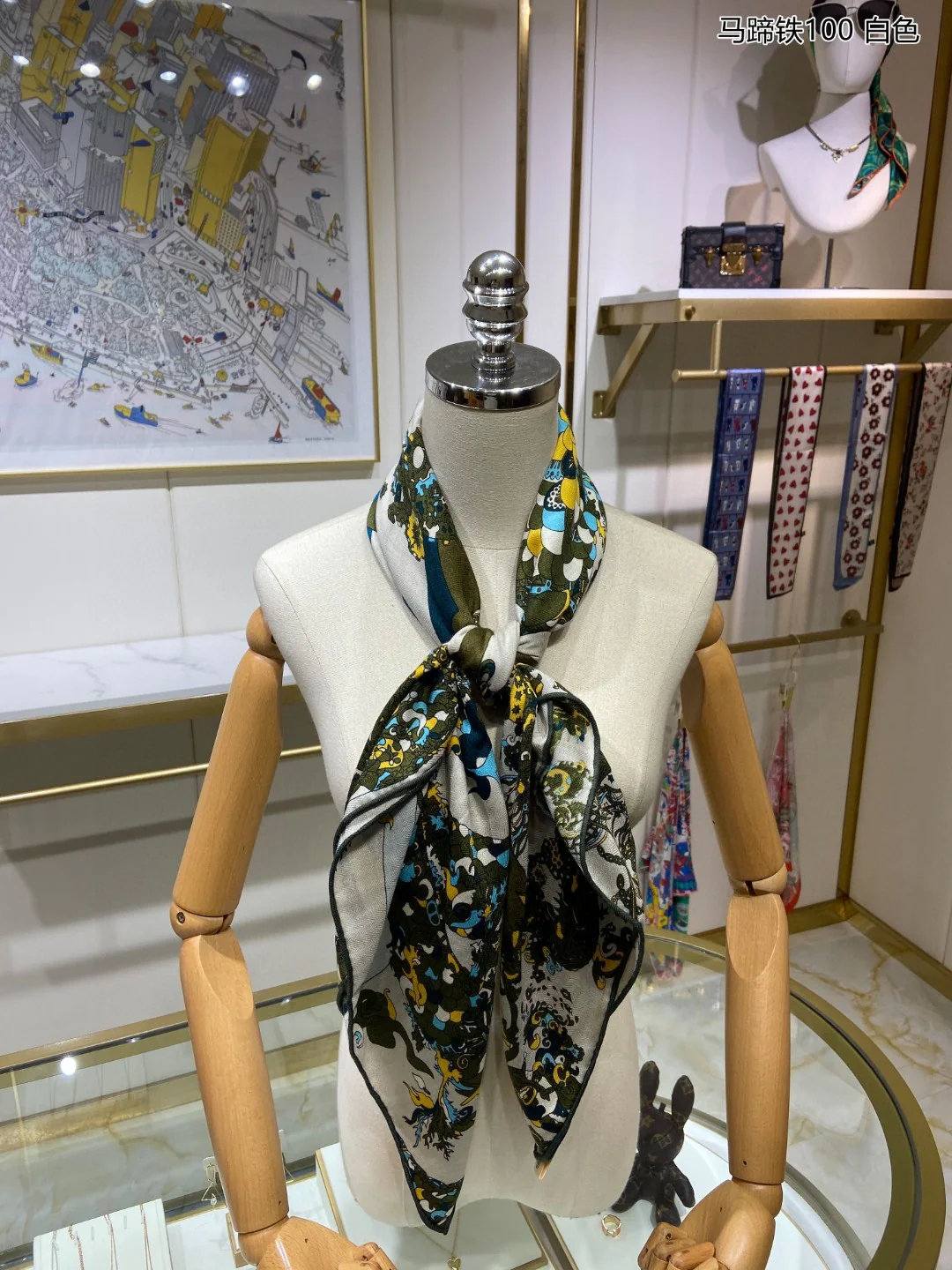 Кашемировый квадратный шарф Hermes в форме подковы - 100 см - 70 см - Кашемир - 30 см - Шелк - 1 см