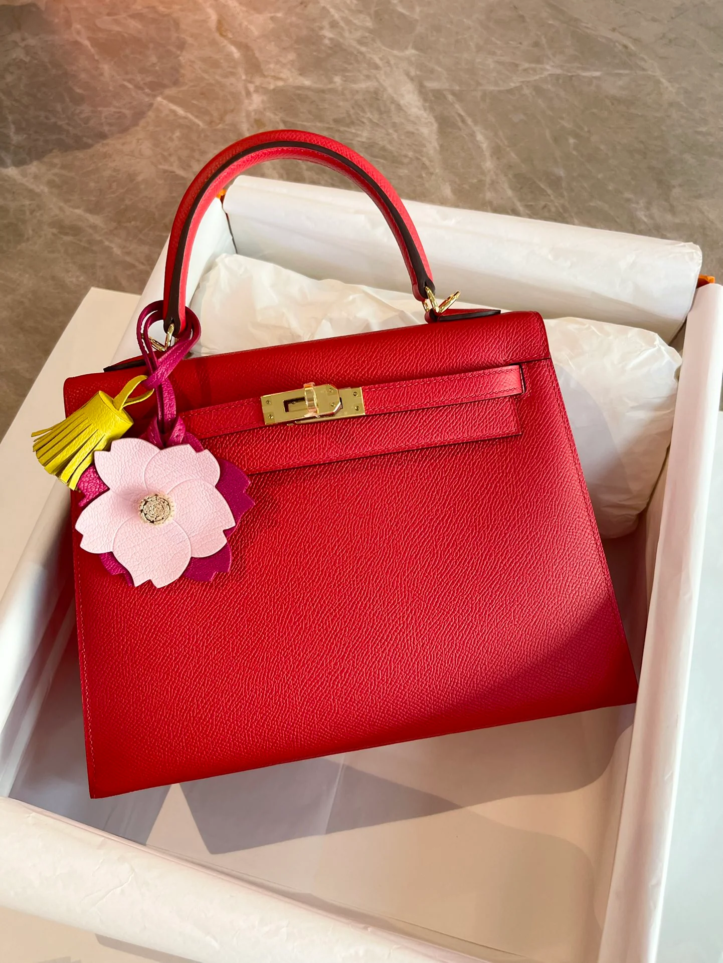 Пряжка Hermes Kelly 25 Epsom Flag Red Gold Buckle