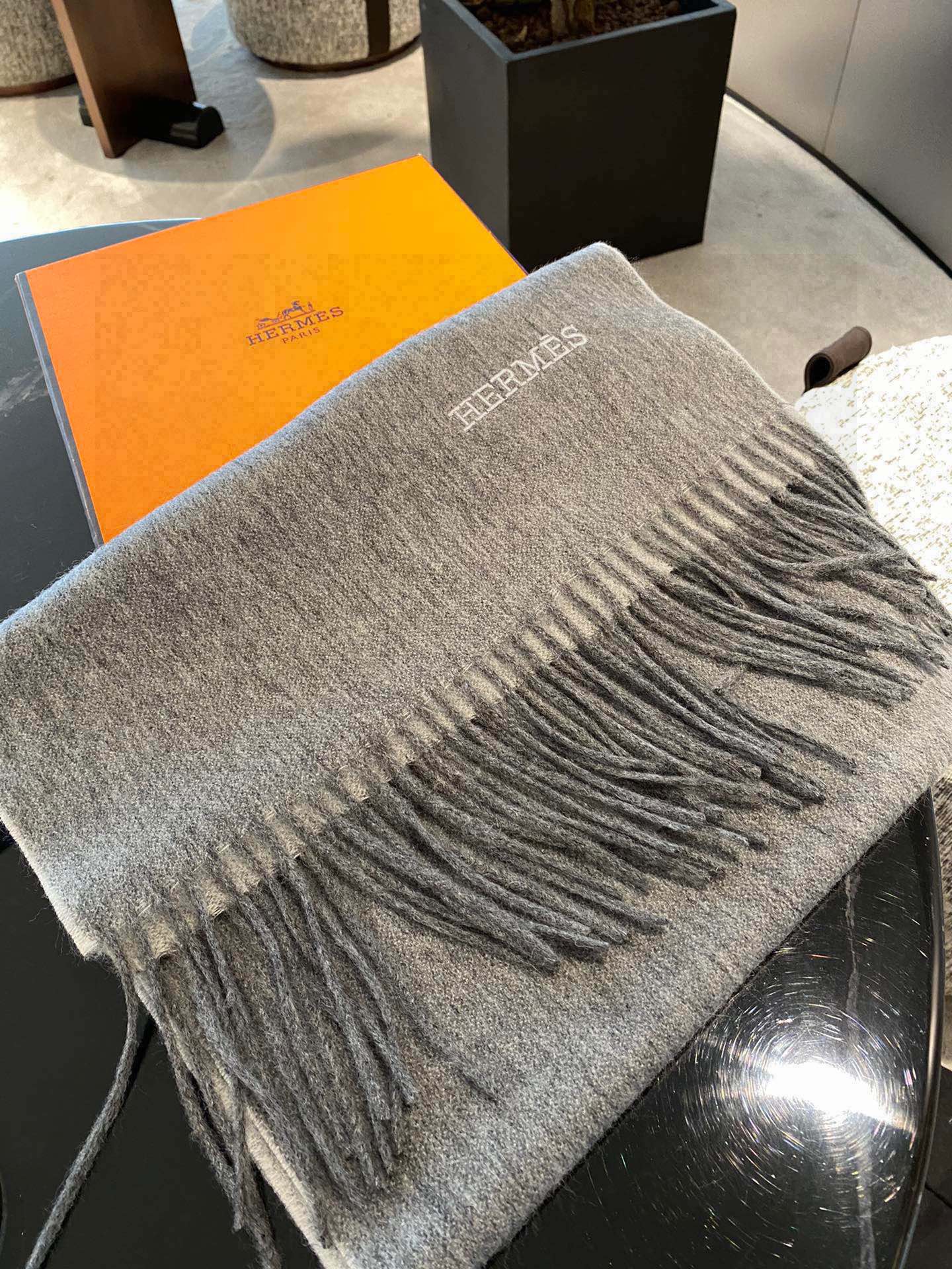 Двусторонняя кашемировая шаль/шарф Hermes - 210 см - серый