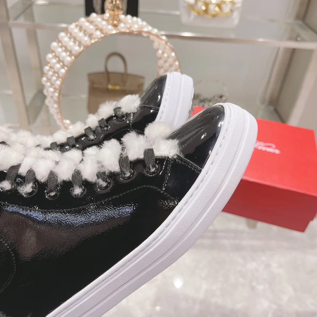 RV-Diamond Buckle Patent Leather Fur Lined High-top Shoes-White Fur Lining
