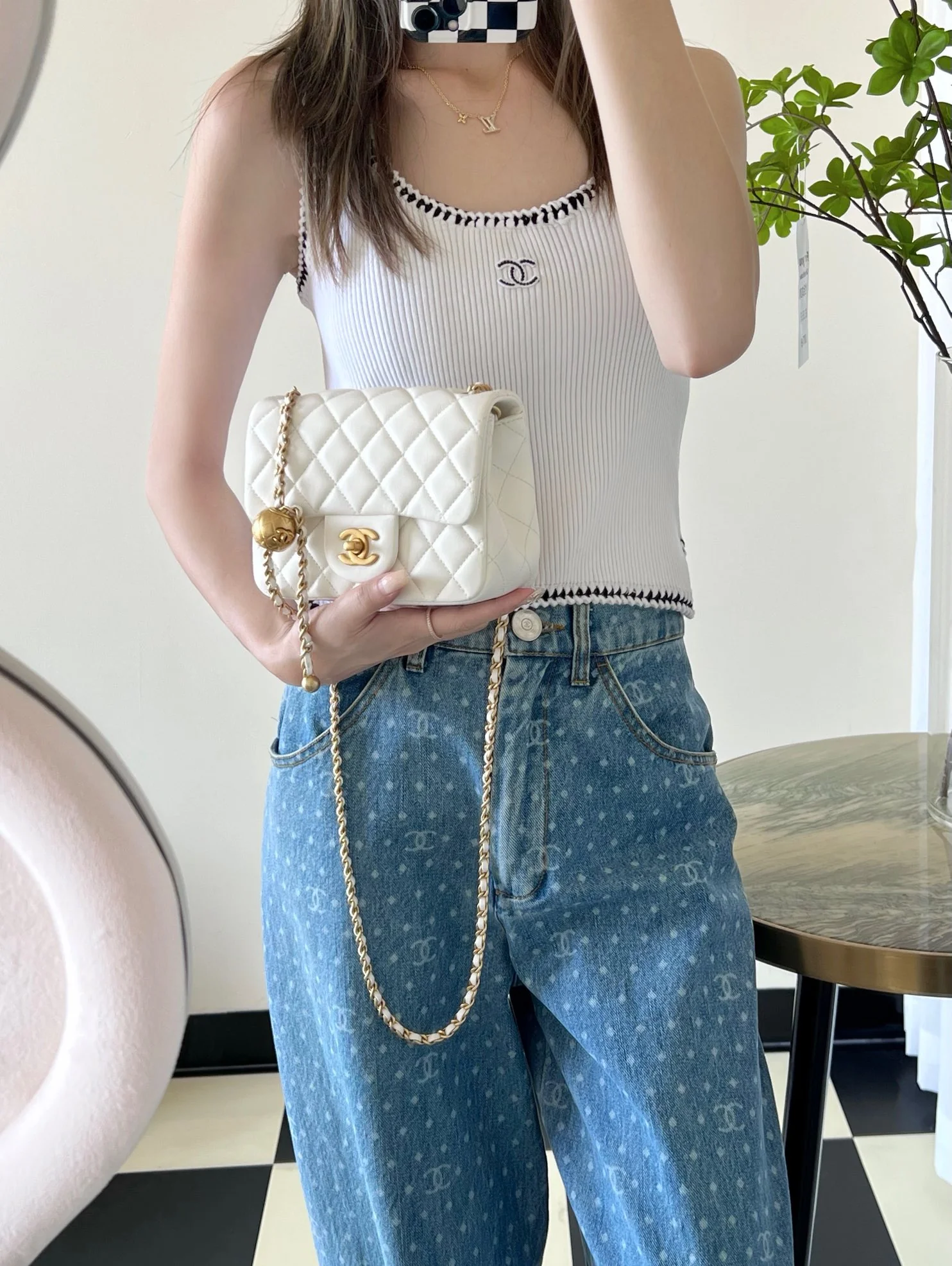 Chanel CF Gold Ball Square Fat Man - White