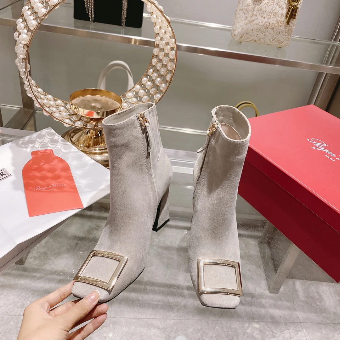 Обувь RV - Новинка осени 2022 - Металлические ботильоны с квадратным носком - Серая замша