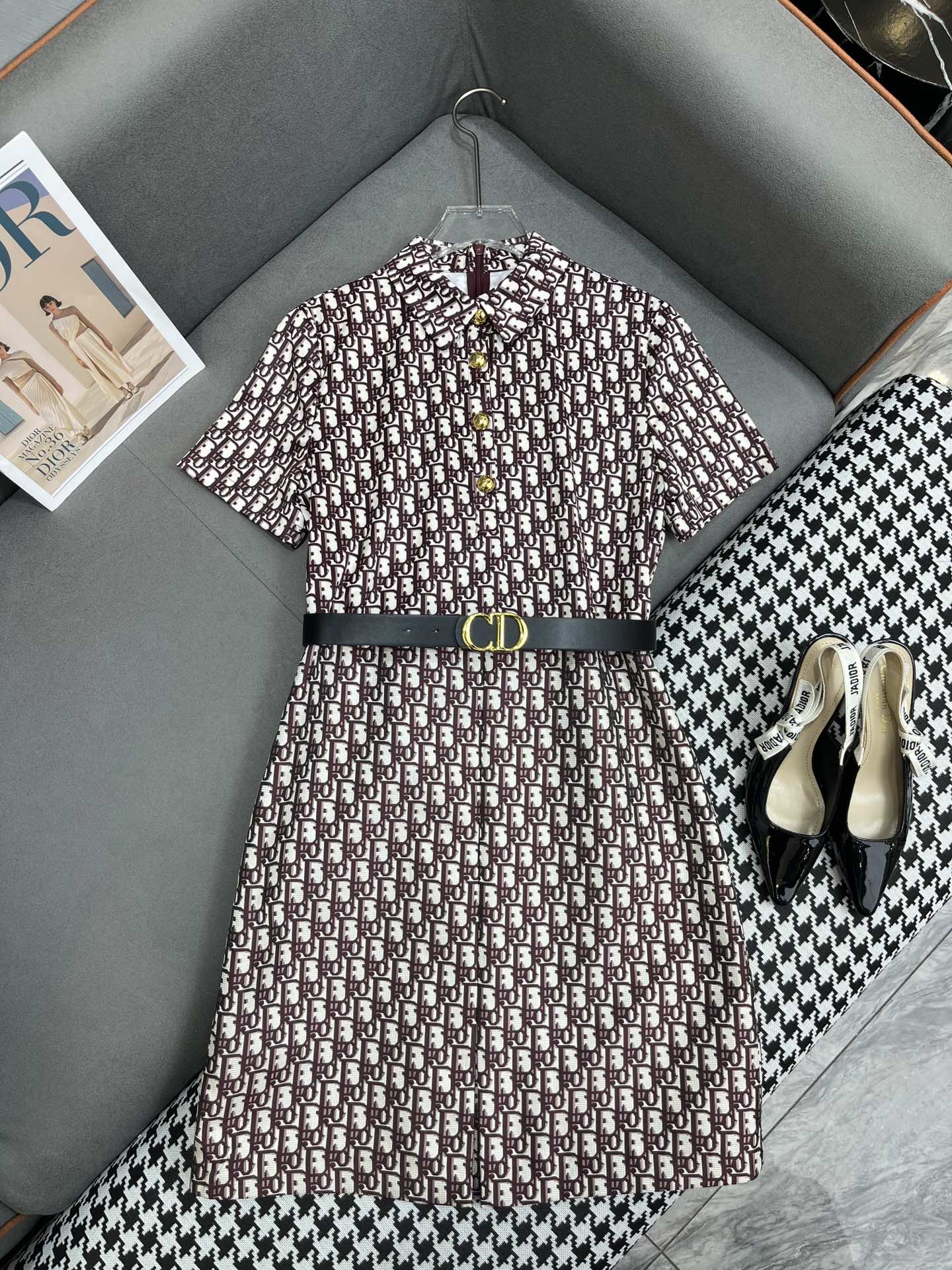 Платье Dior 2403-24ss весна/лето, новинка, с отложным воротником и монограммой, красное.