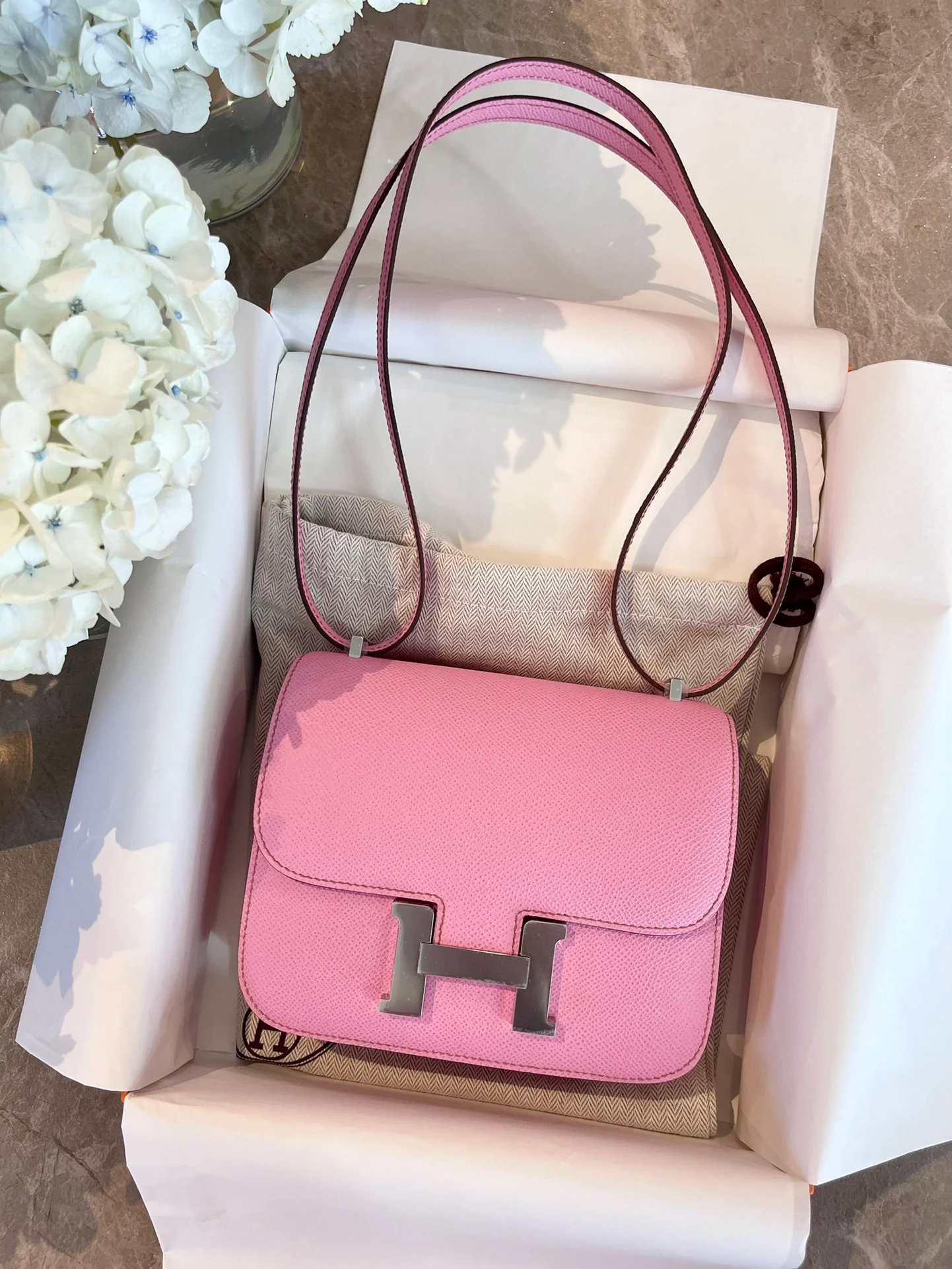 Hermes Constance 19-5p Вишневый розовый серебряный пряжка