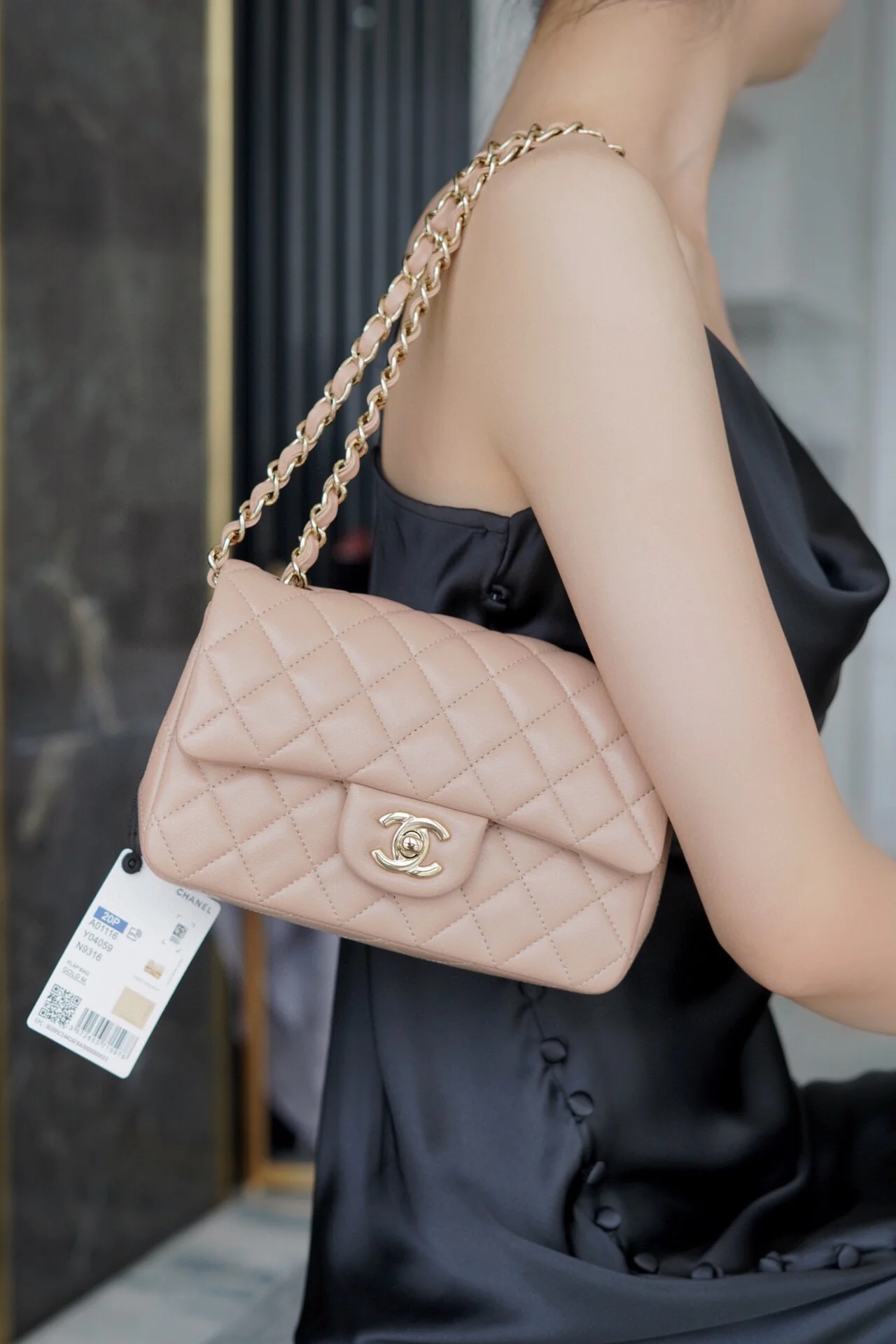 Chanel CF Mini 20cm - Milk Tea Apricot Lambskin with Light Gold Buckle - CF20