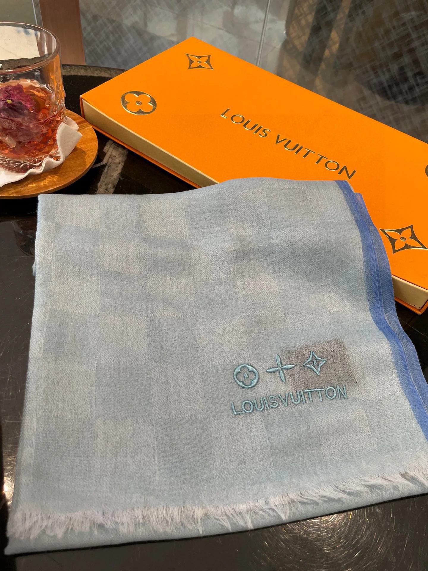 Классический клетчатый кашемировый шарф LV - 105 см - 180 см - синий