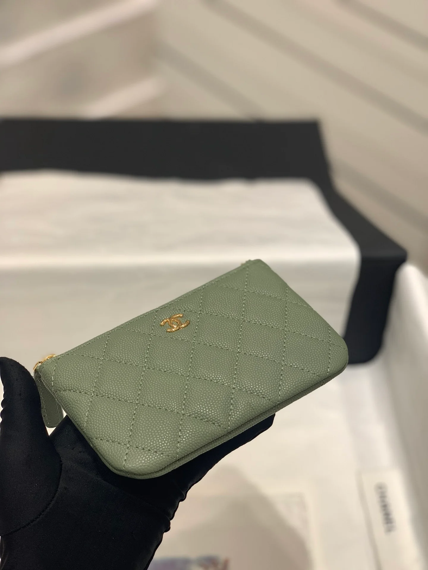 Chanel-19系列 经典皮革拉链零钱包 绿色