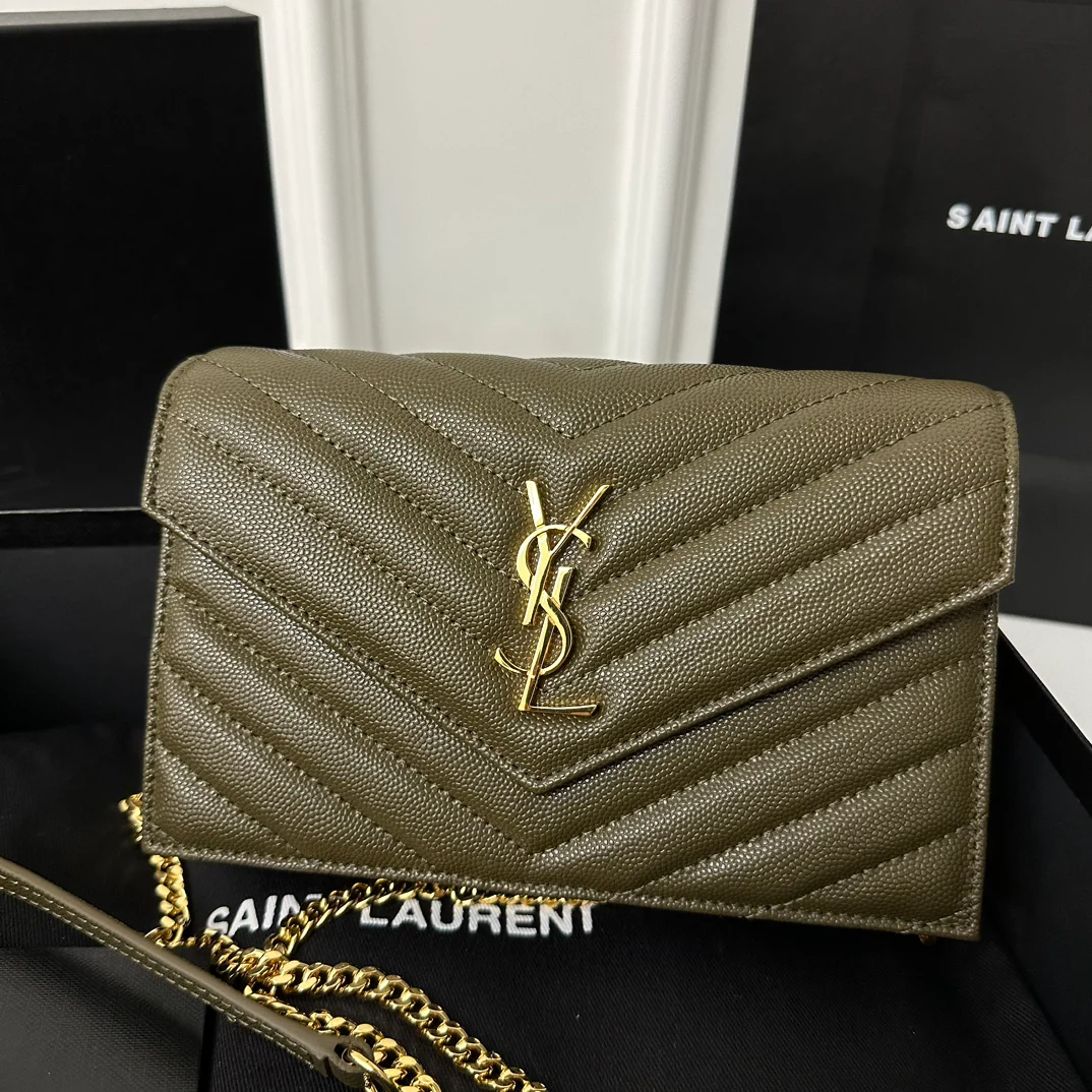 YSL Monogram Caviar WOC - темно-зеленый с золотой фурнитурой - 22 см